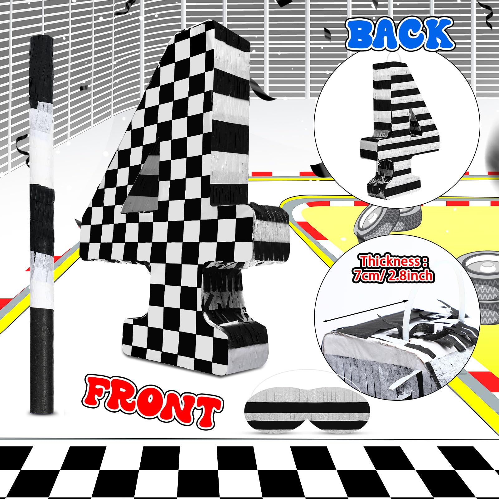 Lewtemi Número de coche de carreras, piñata, número pequeño a cuadros, decoración de fiesta de cumpleaños, número decorativo blanco y negro con máscara de ojos de confeti para celebración de niño,