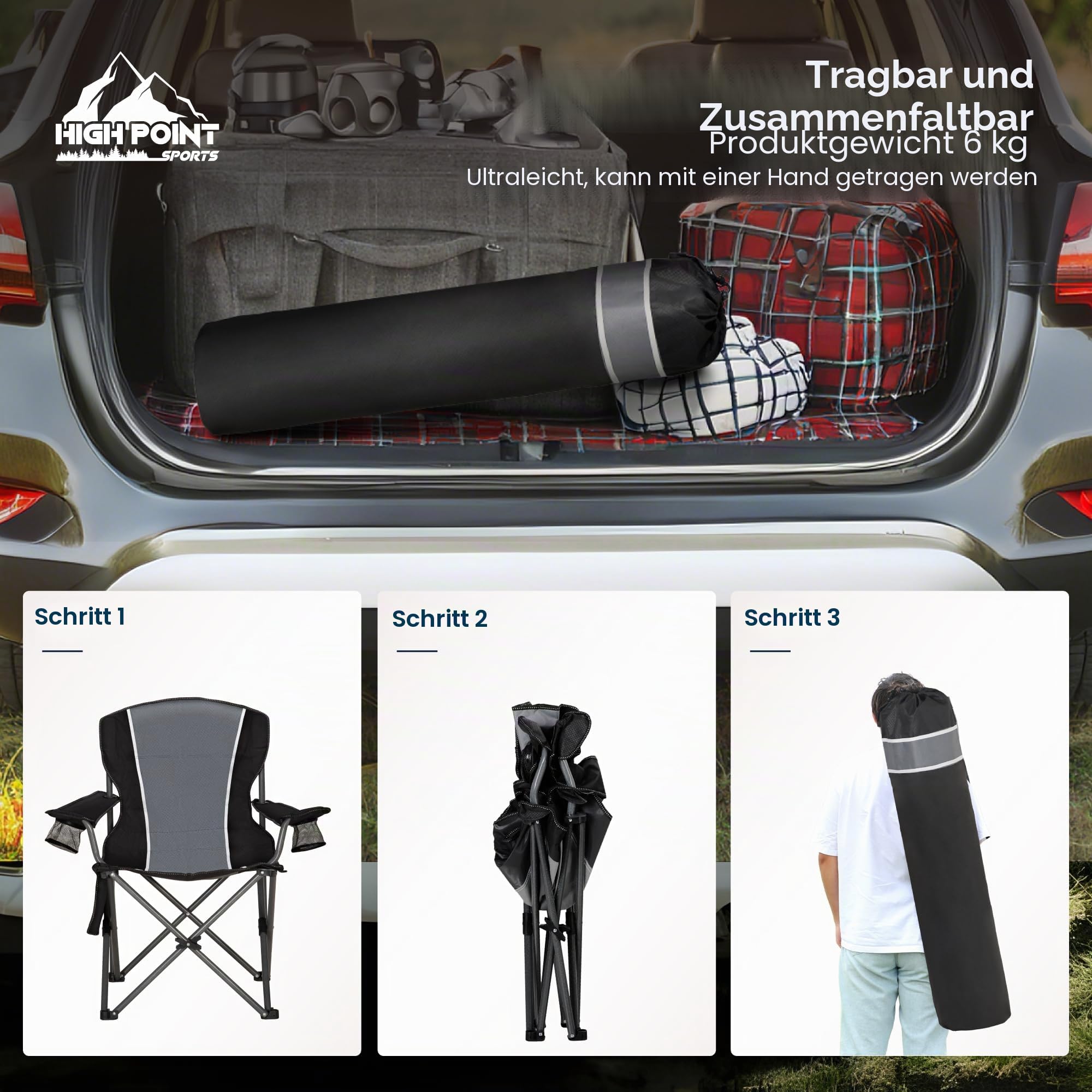HIGH POINT SPORTS Campingstuhl Faltbar bis 160kg Campingsessel Klappstuhl mit Getränkehaltern Faltstuhl Camping Angelstuhl Klappbar