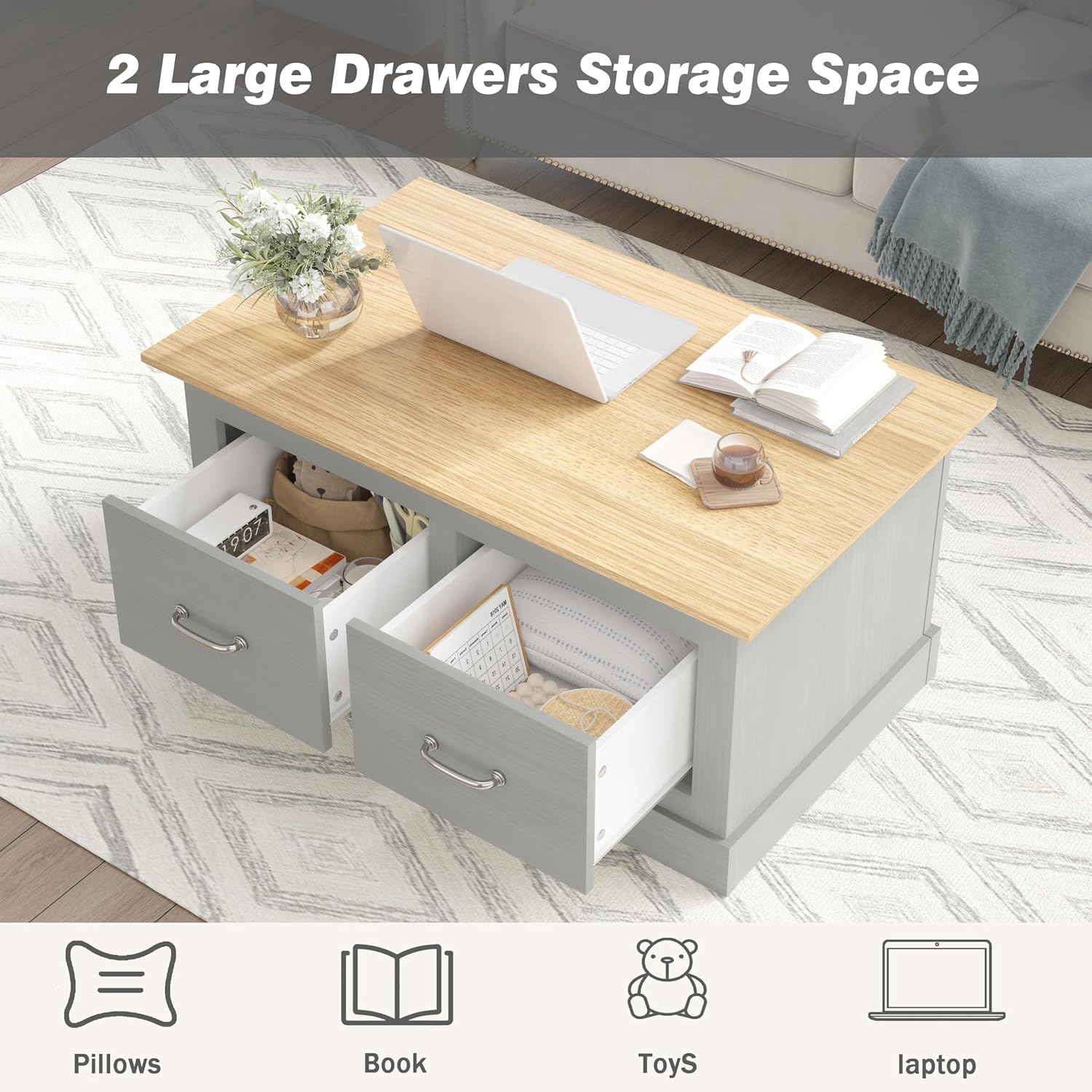 Grey Coffee Table 2 Drawers 35" Wooden Vintage Brass Handles Classic 35 Inch Large Storage End Table for Remote Magazine Family Use Living Room Sofa Side Center Table Natural Grey