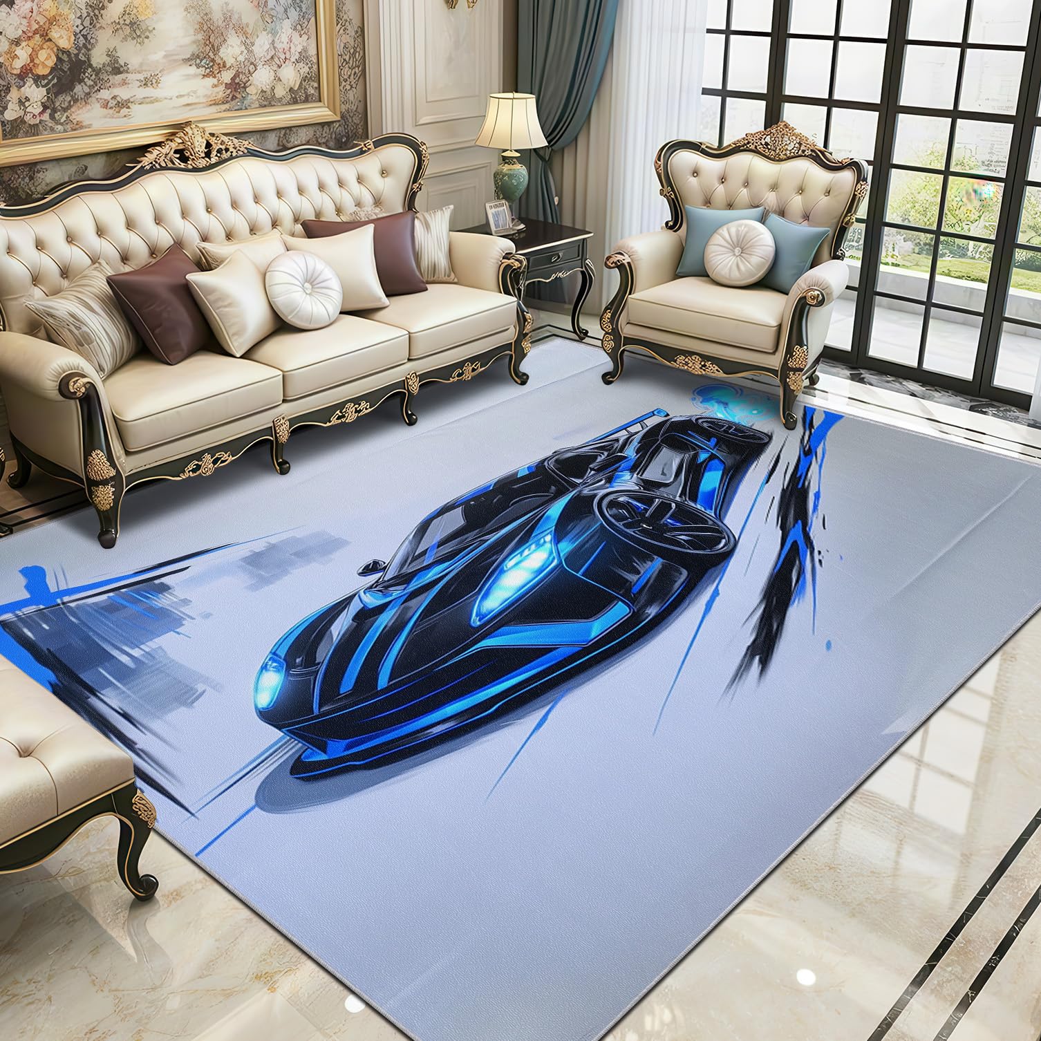 Racing Car Rug - Extreme Speed Sports Car Small Rugs for Bedroom 40x60, Blue Supercar Boys Floor Mat Soft Washable Non Slip Indoor Mats, Racing Car Home Decor
