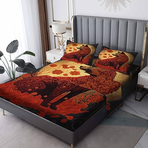 Juego de sábanas y fundas de almohada de 4 piezas, tamaño matrimonial, sábanas de fantasía y fundas de almohada, sábana bajera ajustable de