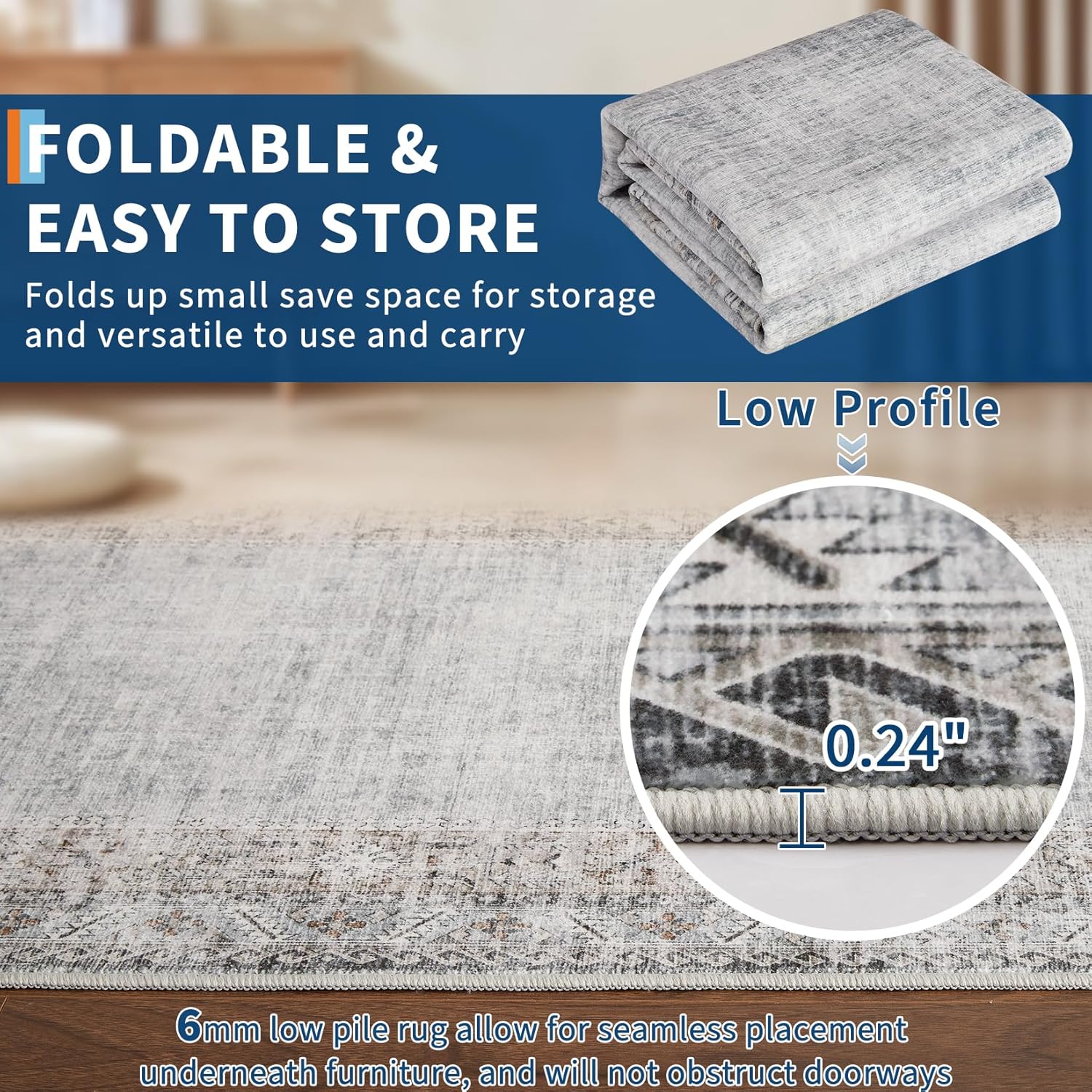 Garvee Runner Rug 2x6 Washable Solid Rugs for Hallway Bathroom Rug Runner Vintage Bordered Non Slip Bathroom Accent Carpet for Entryway Kitchen Laundry Room Kitchen Bedside, Grey