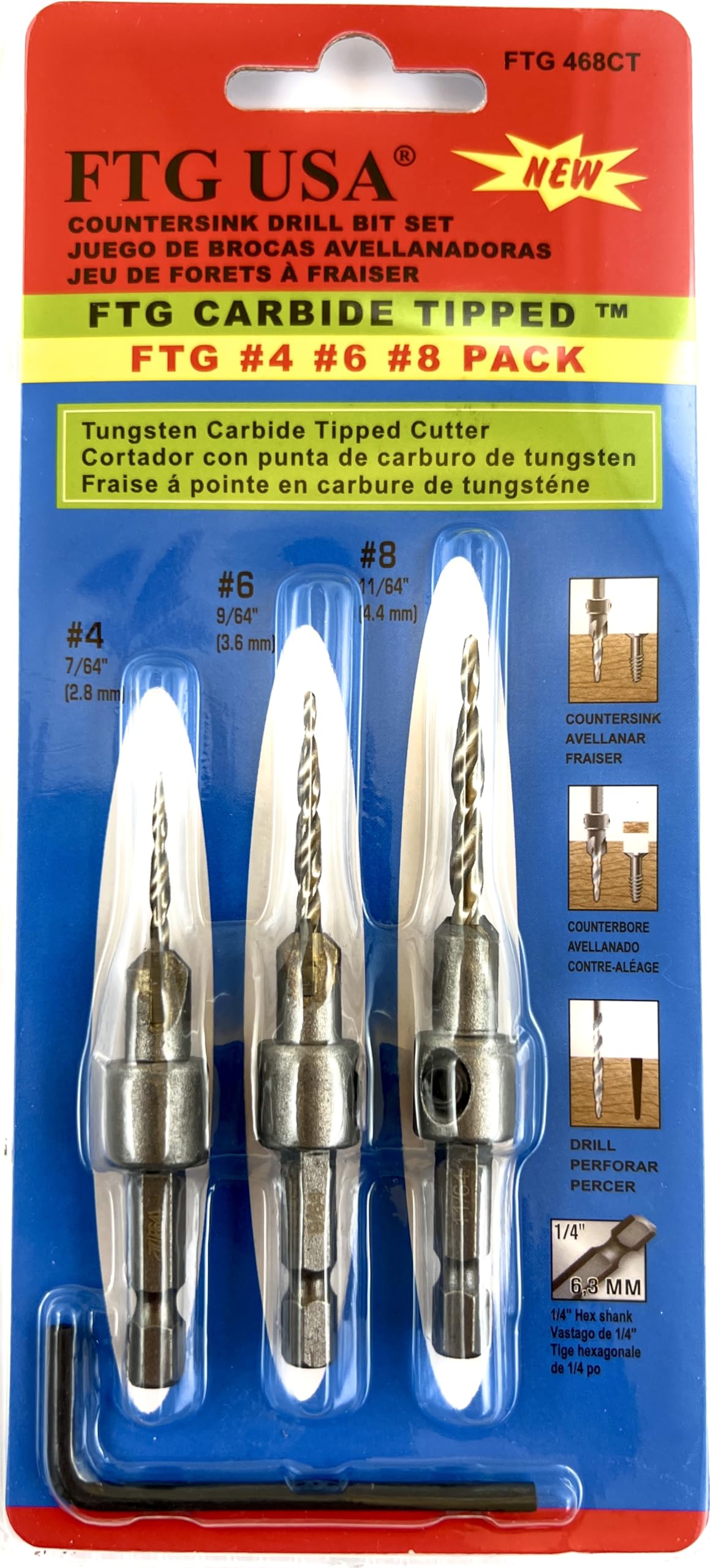 FTG USA Tapered Countersink Set - 3 Piece Wood Drill Bits -3