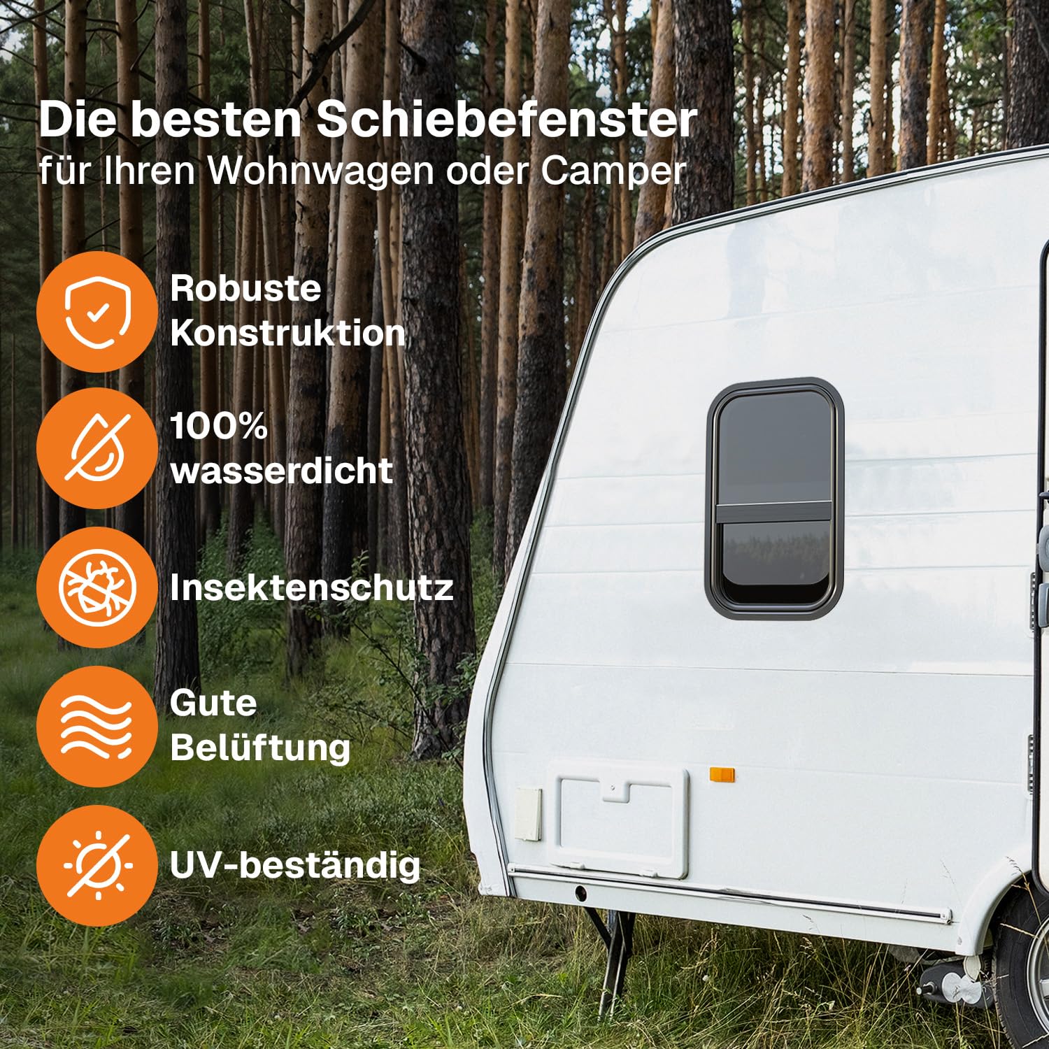 Wohnwagen Fenster 50x30 cm, E4, Schiebefenster für Wohnmobil und Caravan mit festem Insektenschutz, getöntem Sicherheitsglas, UV-beständig, Seitenfenster für Camper mit Aluminiumrahmen