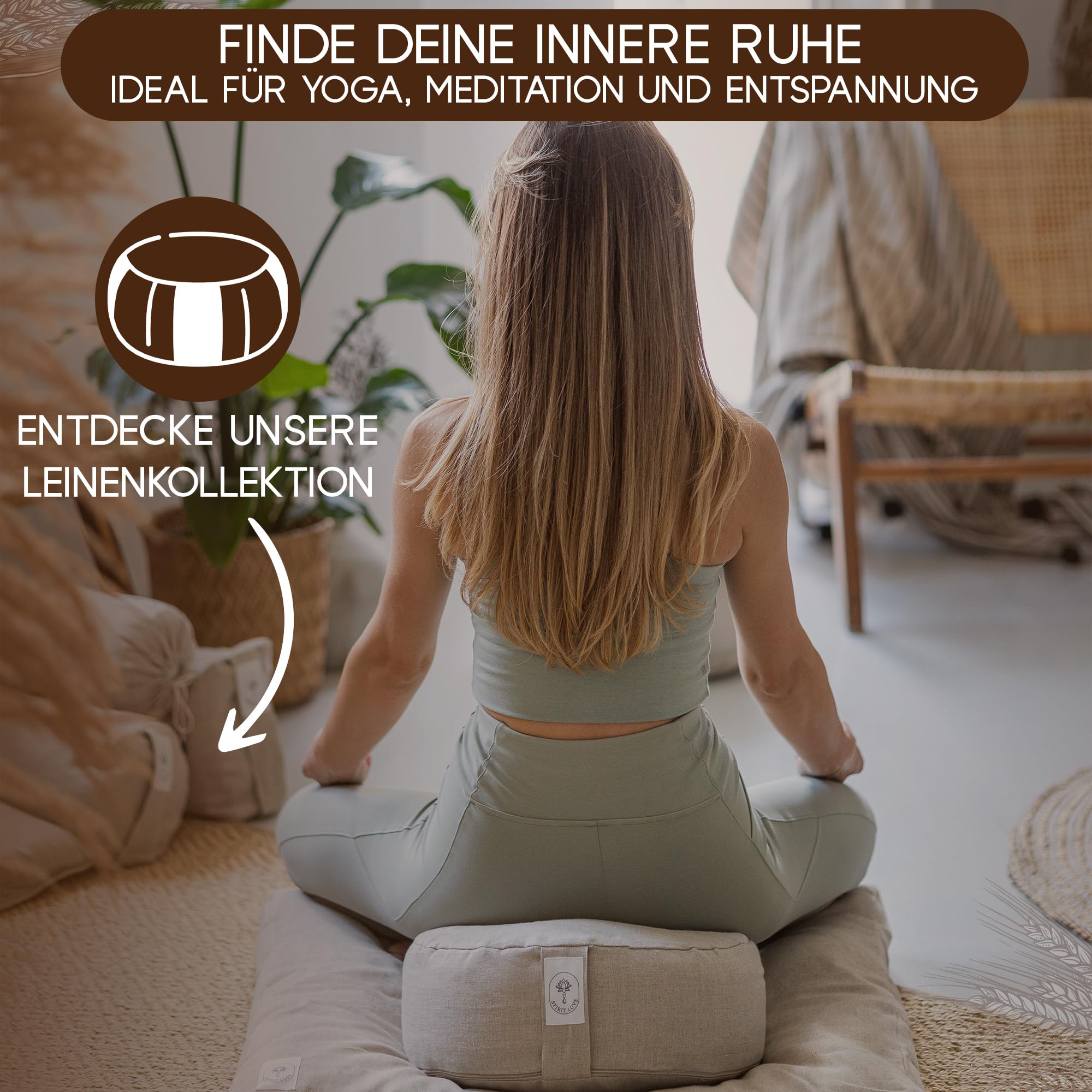Spirit Love Leinen Yogakissen mit Bio-Buchweizenschalen | Meditationskissen | Anpassbare Füllung mit waschbarem Bezug | Sitzkissen Perfekt für bequemes und sanftes Yoga | 100% Natürlich - M 35x13cm…