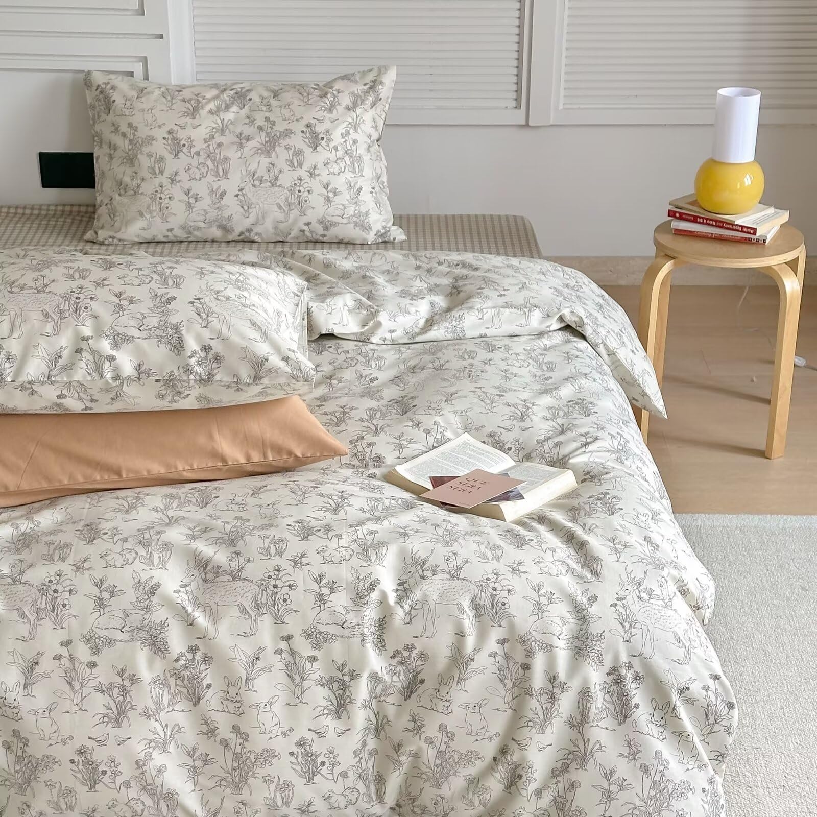 BuLuTu Vintage Duvet Cover Queen Bedding Set with Animals Reversible Print, 100% Cotton Comforter Cover 90"x90" + 2 Pillow Cases Standard, Zipper