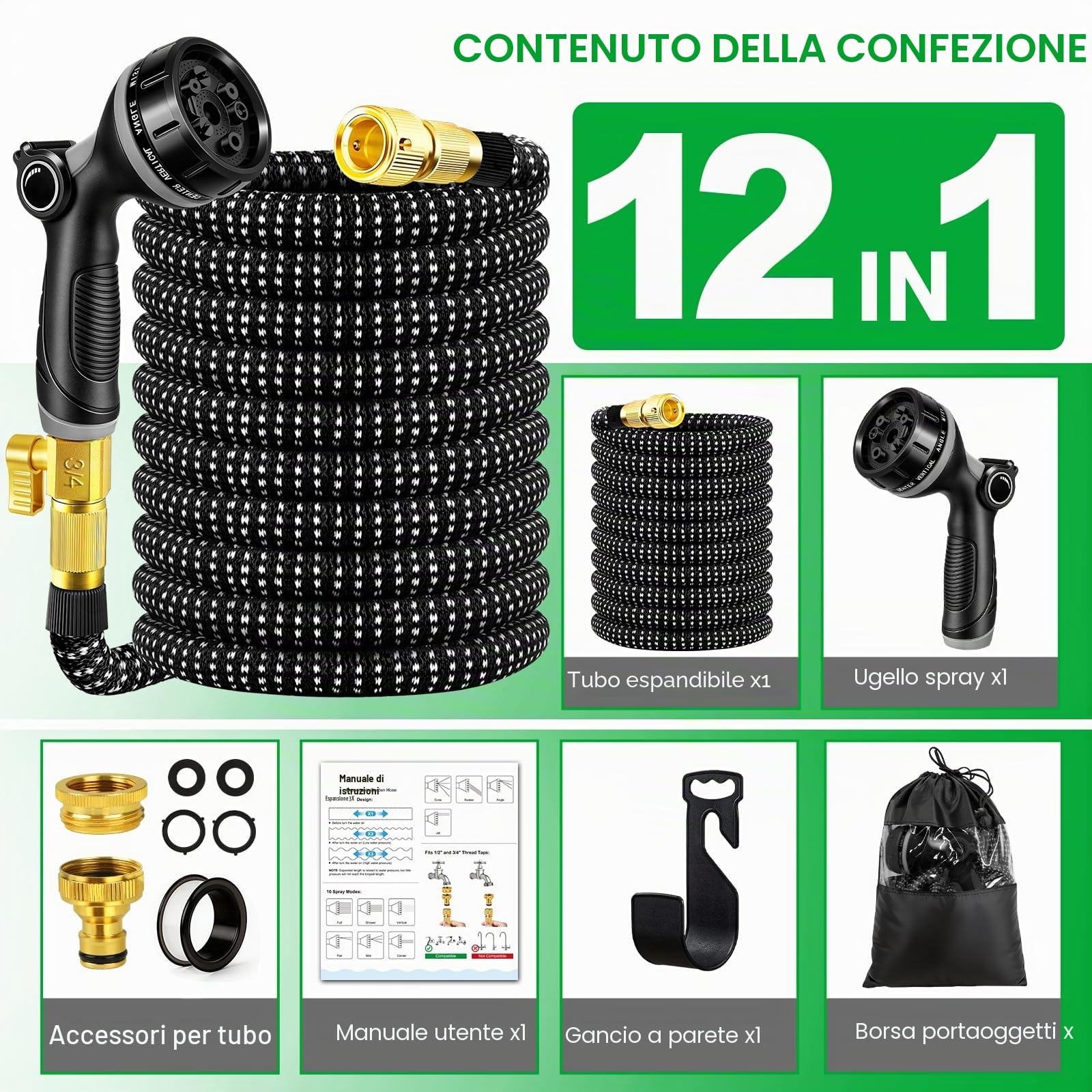 Tubo Acqua Giardino 45 Metri, Tubo Estensibile da Giardino con Adattatori da 1/2" e 3/4", Canna Acqua Giardinos con 10 Funzioni Pistola e Gancio per Lrrigazione Giardinaggio Autolavaggio