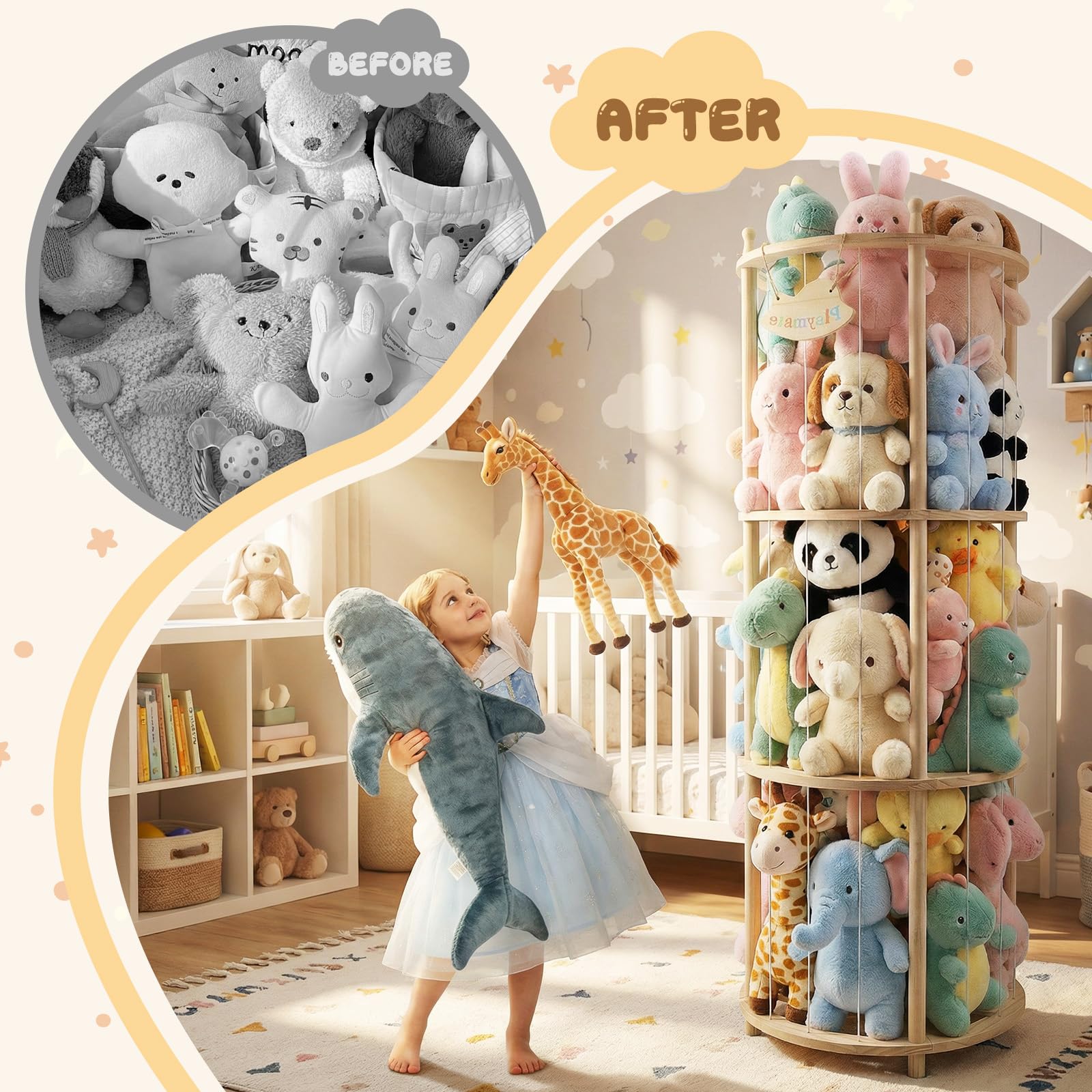 Almacenamiento de peluche, con ruedas equipadas de freno de 360°, ideal para habitación de bebé, salón, dormitorio, muebles de habitación infantil (137 x 51 x 51 cm)
