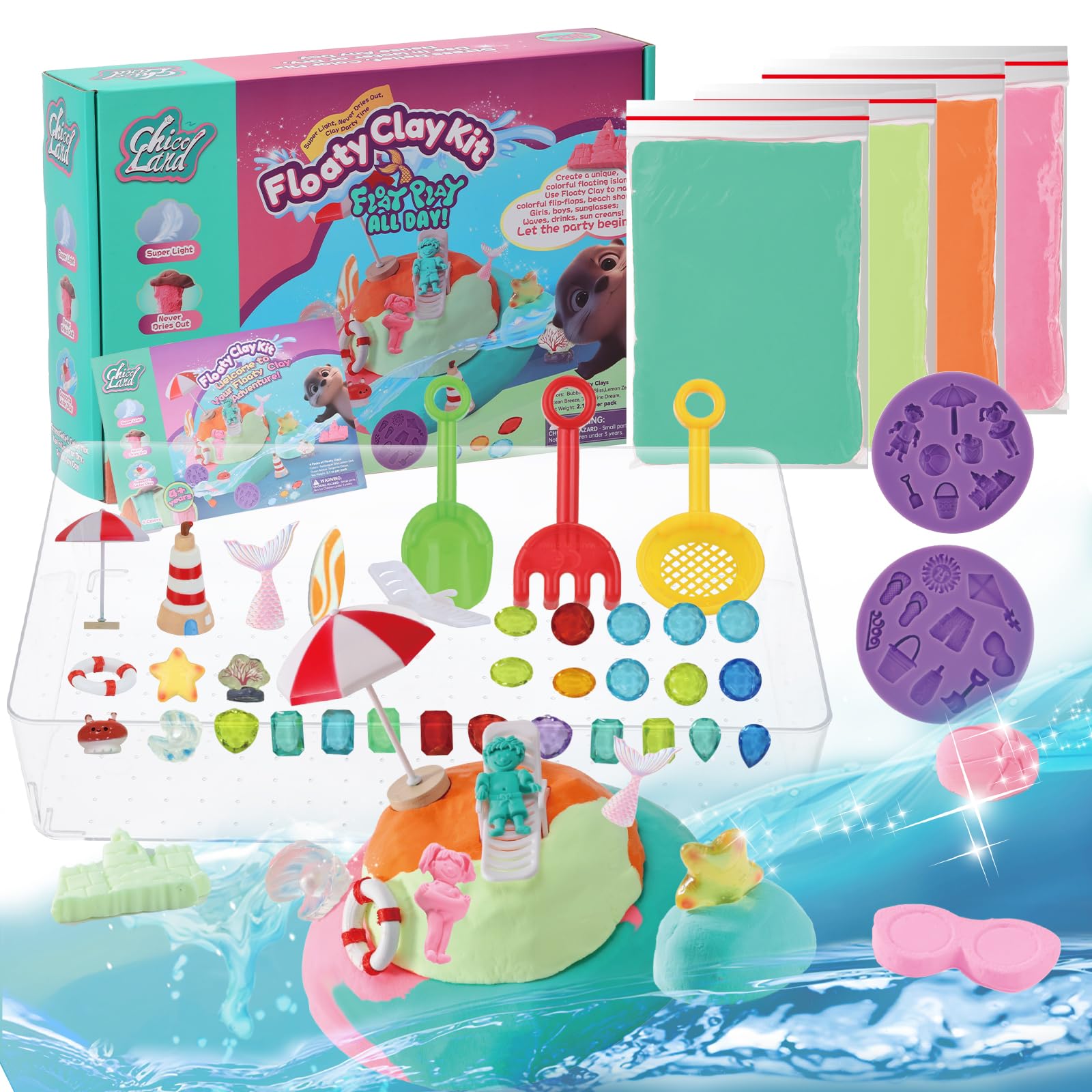 Chico LandFloaty Clay Set - 4 Colors Fluffy Won't Dry Clay for Water Play, Mixable & Floating, Create Dreamy Islands with Molds, Tools, Gems & Beach Party Accessories, Gift for Kids Age 4+
