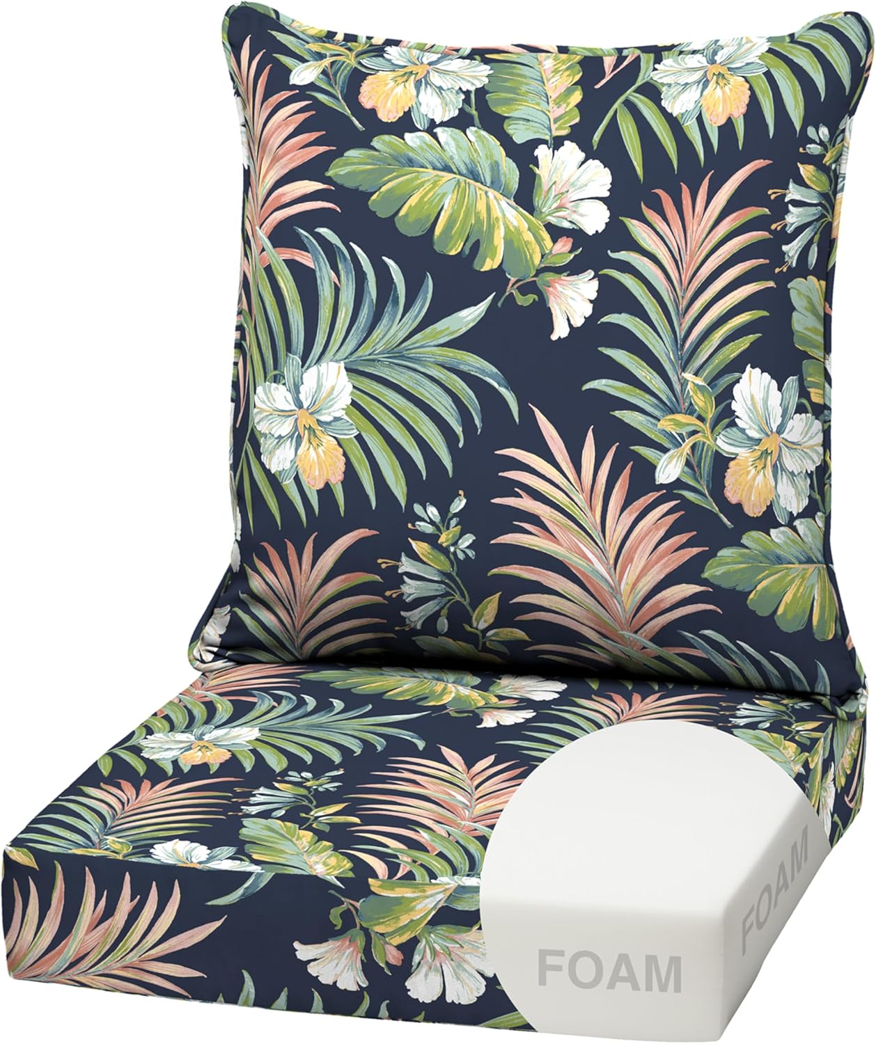 Arden Outdoor Foam Deep Seat Cushion Set, 22x24, Premium High-Density Foam, Never Flattens, Weather-Proof for Patio Chair Sofa Couch, Simone Blue Tropical