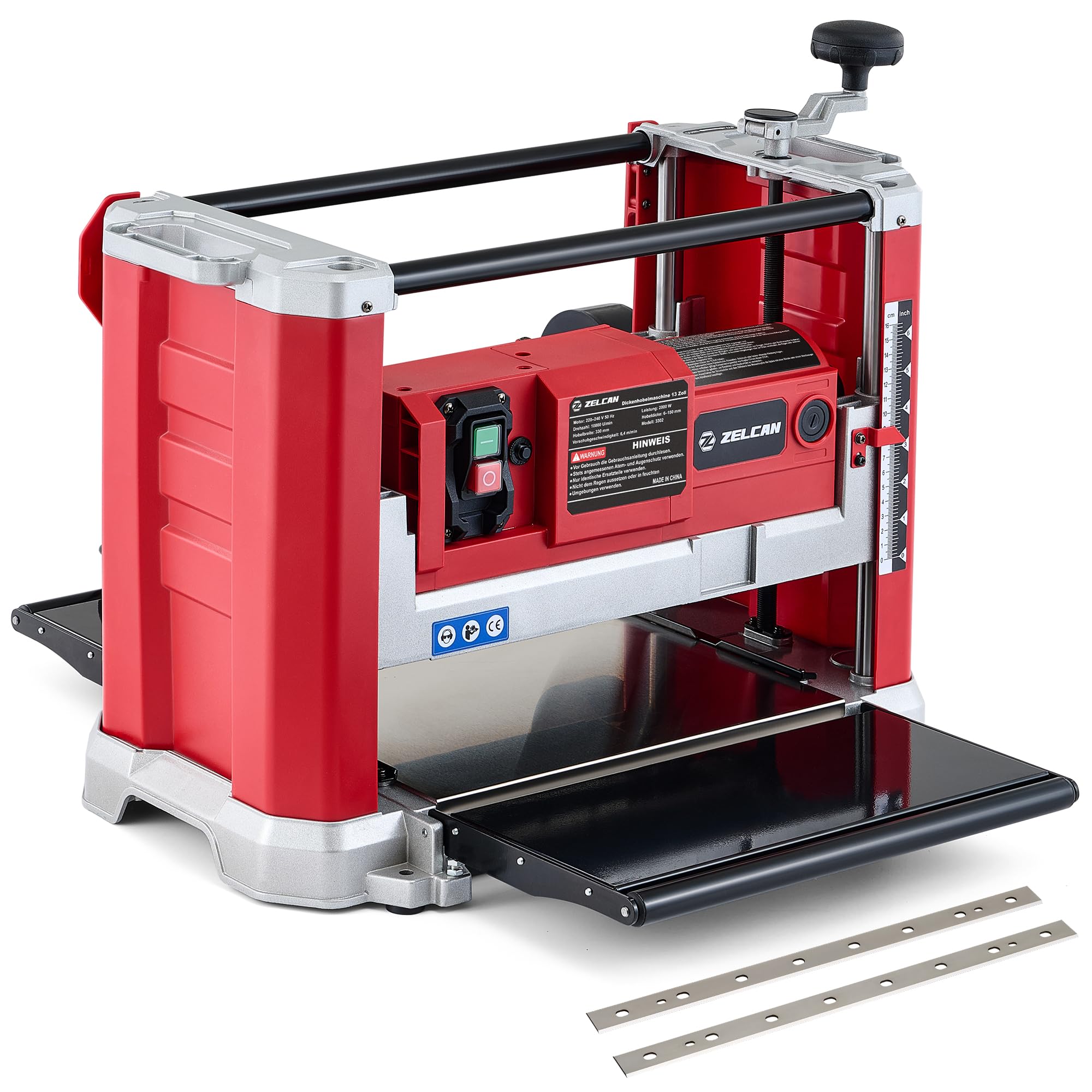 ZELCAN Dickenhobelmaschine 2000W Hobelmaschine Dickenhobel 20000 Schnitte/Min, Elektrohobel 2 Hobelmesser Durchlasshöhe/-breite: 15cm/33cm, Spanabnahme max.: 3 mm mit Absaugung