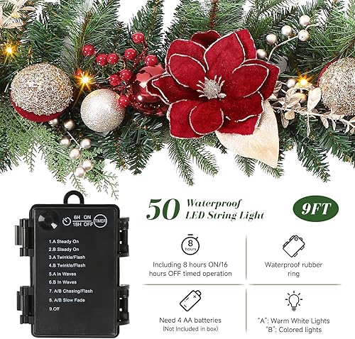 Miniatura 3 de SHareconn Guirnalda de Navidad preiluminada de 8.9 pies con luces LED multicolor, temporizador que funciona con pilas, incluye bola de flor de