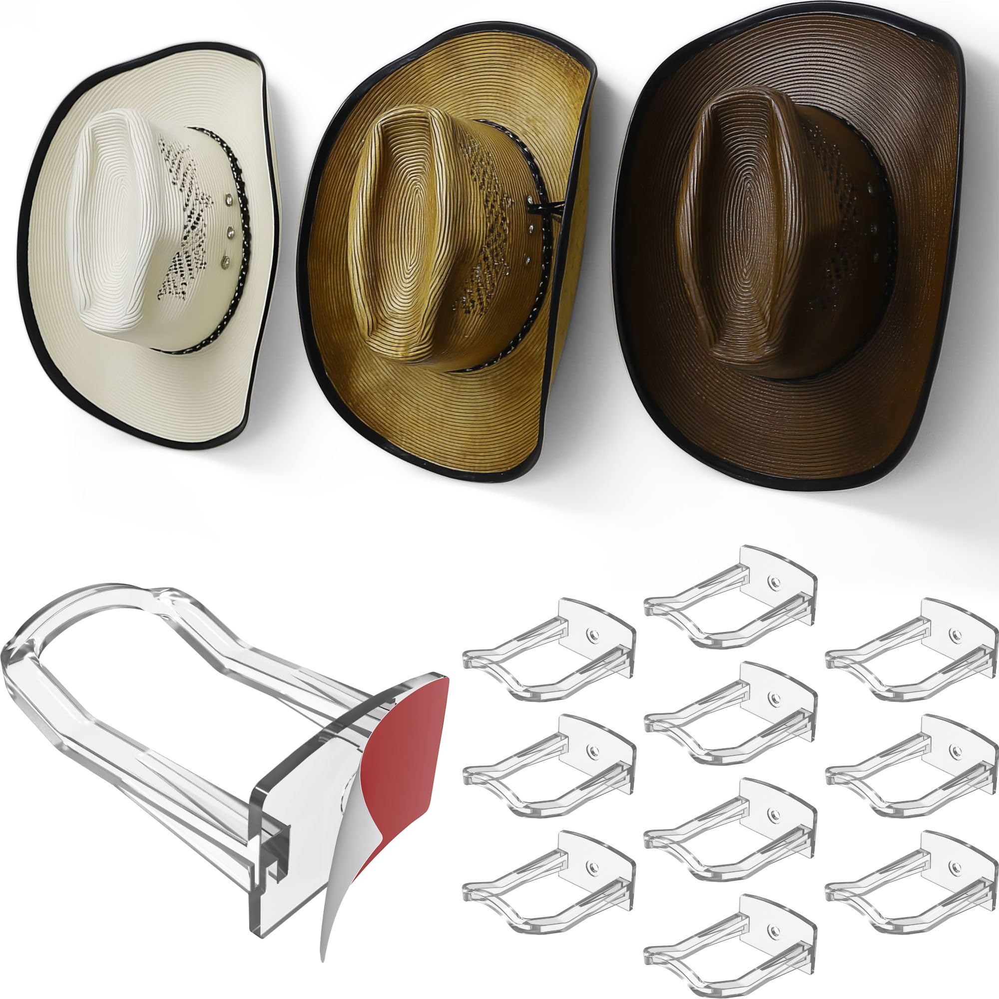Modern JP Adhesive Cowboy Hat Hooks for Wall (10-Pack) – 3-Inch Wall Mount for Secure Hold, Wide Brim Hat Organizer, Western Room Decor – Clear