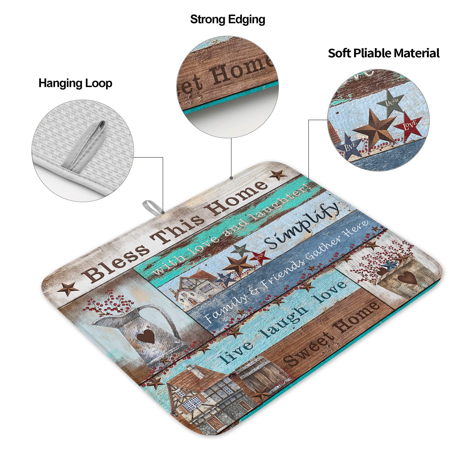 LIFEMUSION Farmhouse Teal Brown Wood Dish Drying Mat for Kitchen Counter, Country Star Rustic Barn Baby Bottle Microfiber Drying Pad, Absorbent Coffee Cup Dishes Drainer Mats 16''x18''