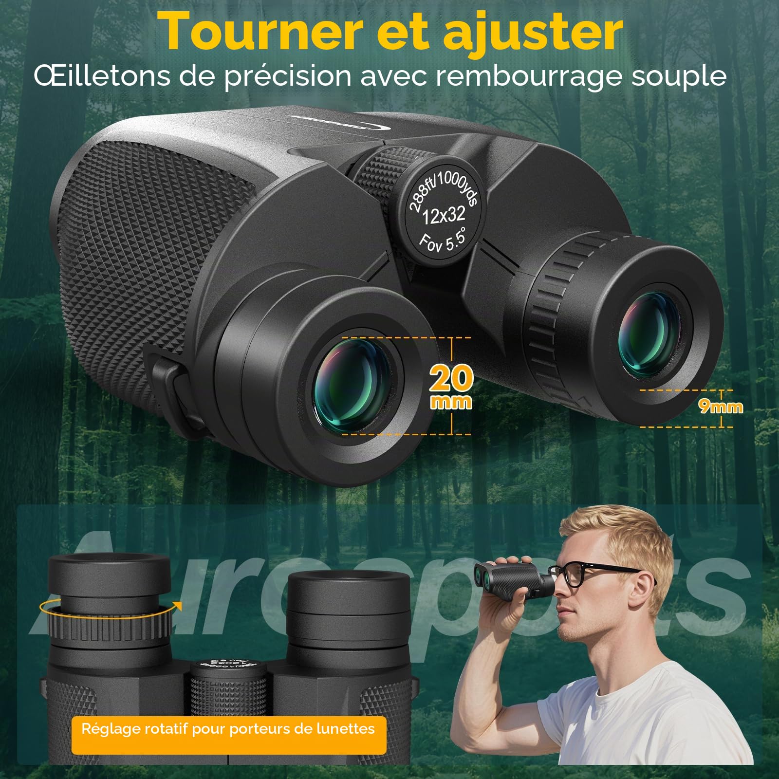 Aurosports Jumelles 12 x 32 pour adultes et petits enfants - Compacts et haute définition jumeau idéaux pour l'observation des oiseaux, les voyages et la chasse