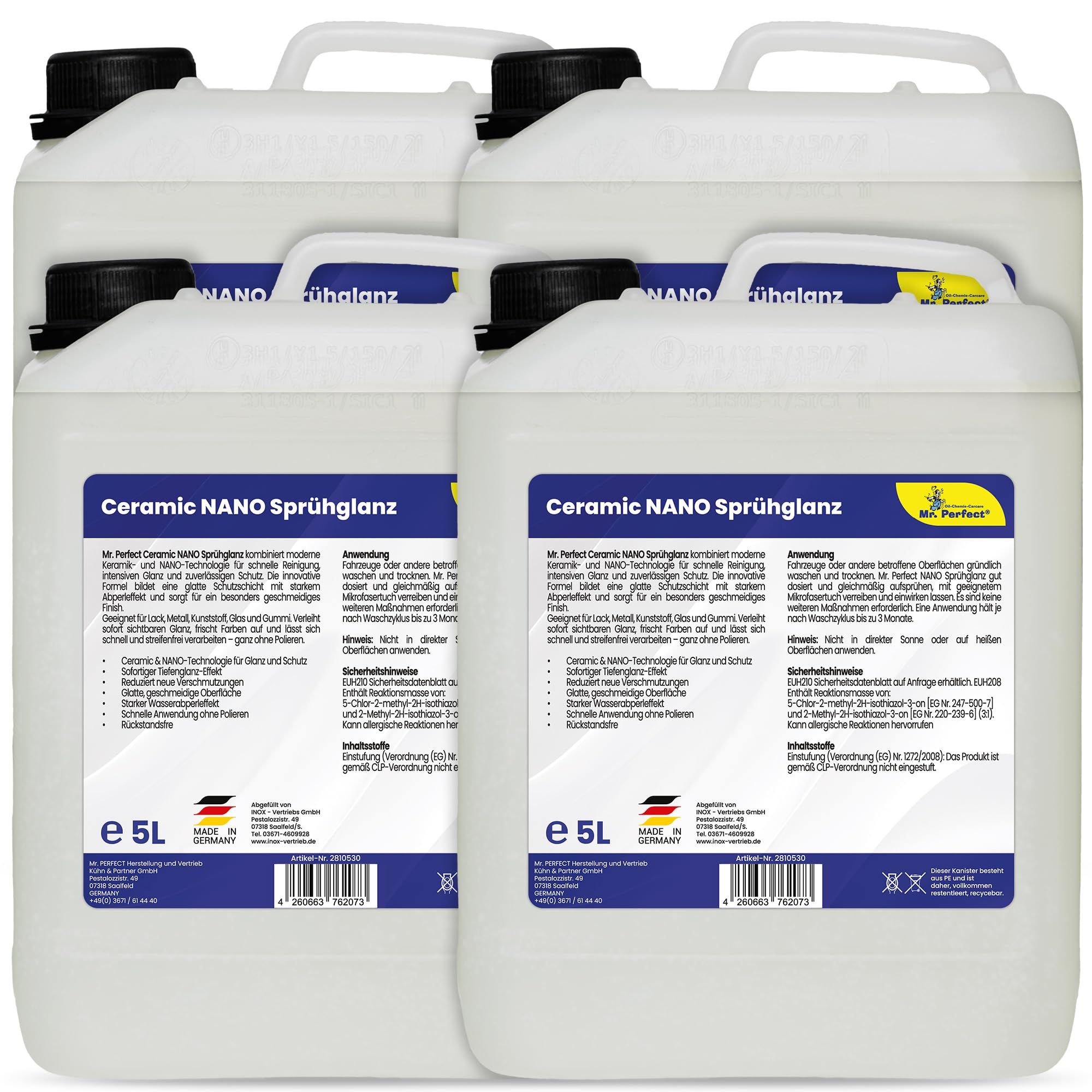 Mr. Perfect Ceramic NANO Sprühglanz 4 x 5 Liter | Keramikversiegelung fürs Auto mit starkem Abperleffekt | Sprühwachs, Lackversiegelung & Glanz für Lack, Kunststoff und Glas | Made in Germany