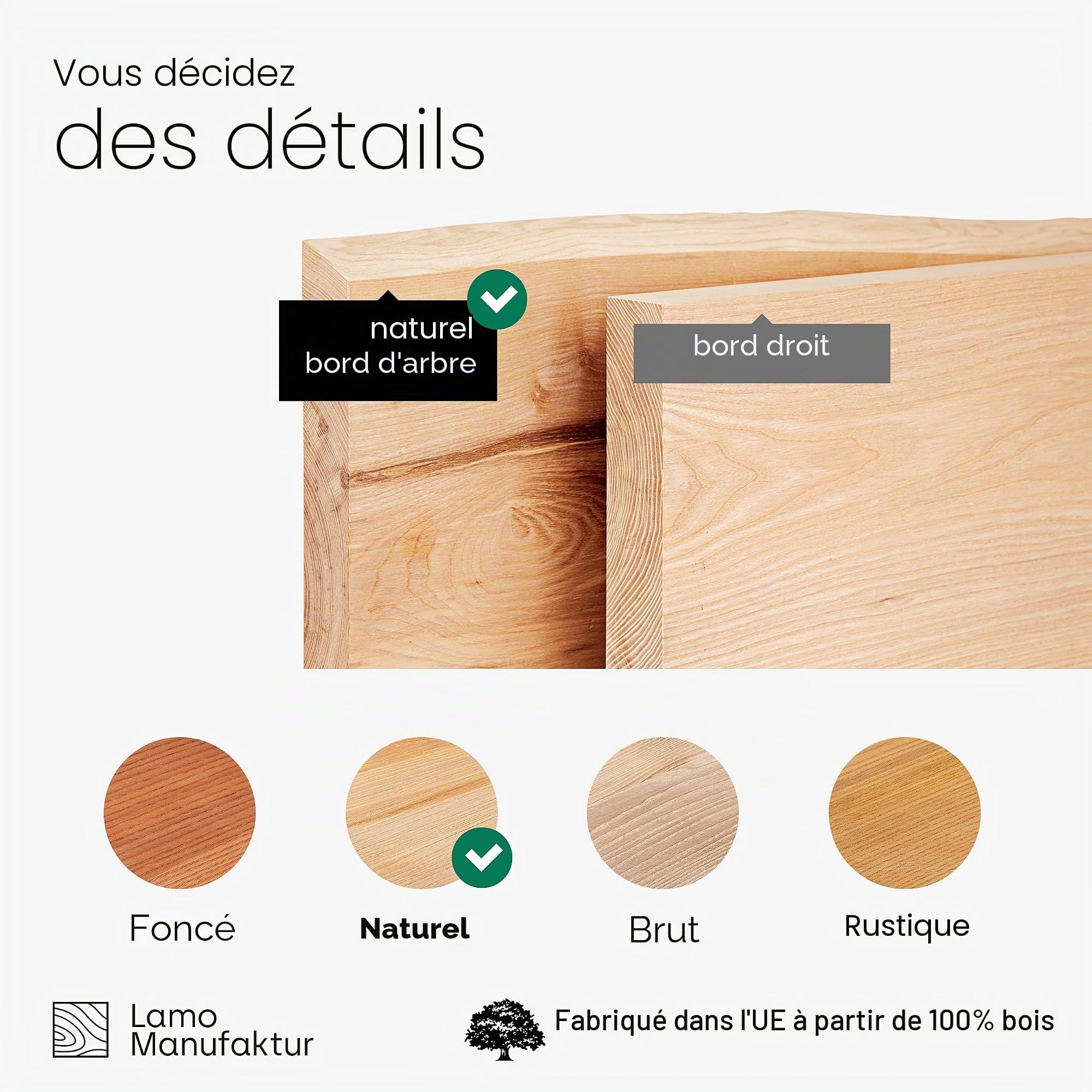 LAMO Manufaktur Plateau en Bois Massif pour Table ŕ Manger et Bureau, Bords biseautés arrondis, 120x80 cm, Fręne Naturel, LHB-01-A-002-120