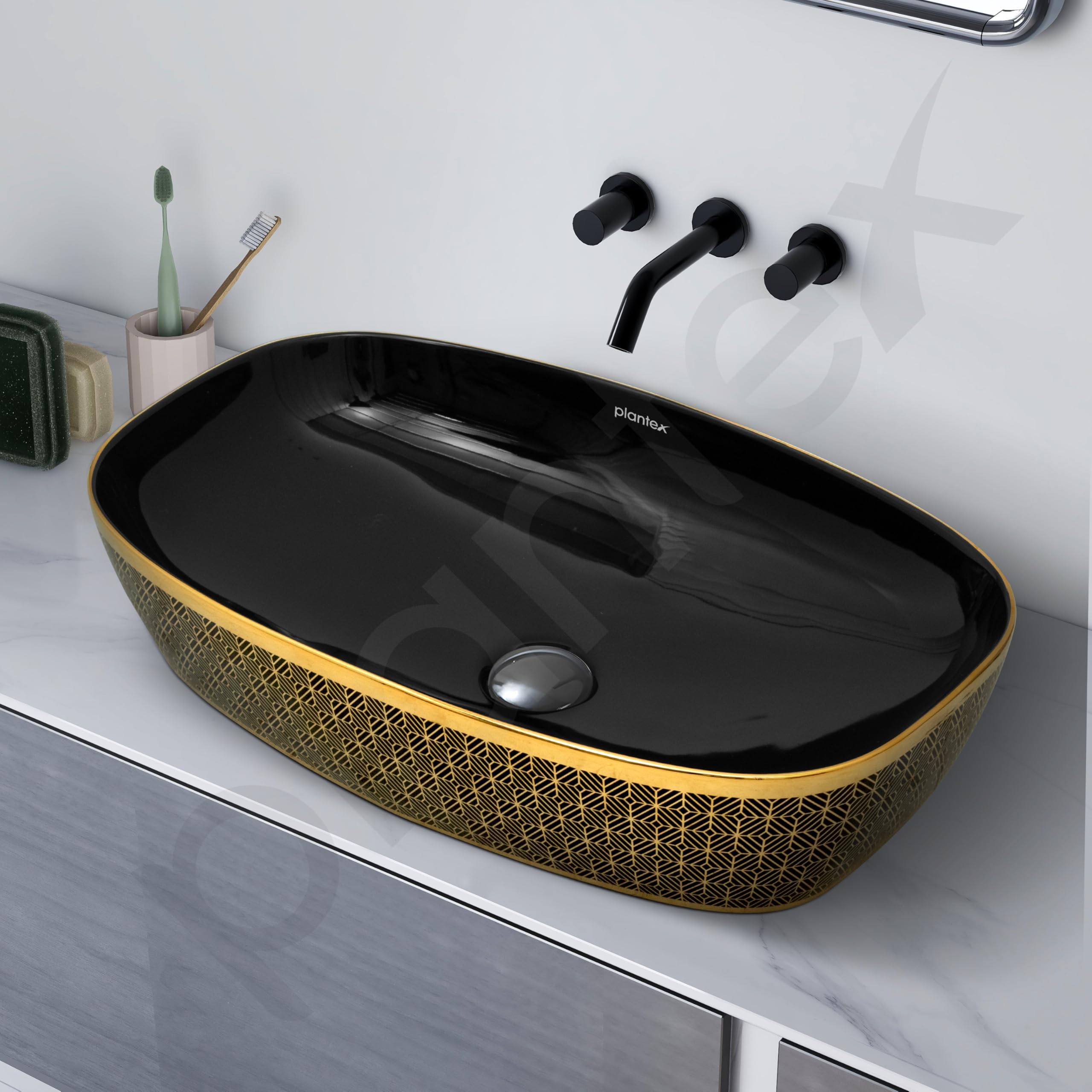 Plantex Wash Basin for Bathroom/Ceramic Counter Top Basin/Washbasin for Home/Office/Hotel - (Black & Gold - 23.5 x 15 x 5.5 Inch) 4