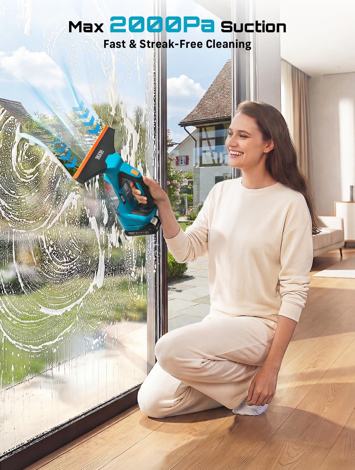 Seesii Nettoyeur de Vitres sans Fil, Autonomie 120 Min, 2 Buses d'Aspiration 28-17 cm, Aspirateur de fenêtre, Réservoir Amovible de 150 ML, Convient pour fenêtres, Carreaux et miroirs
