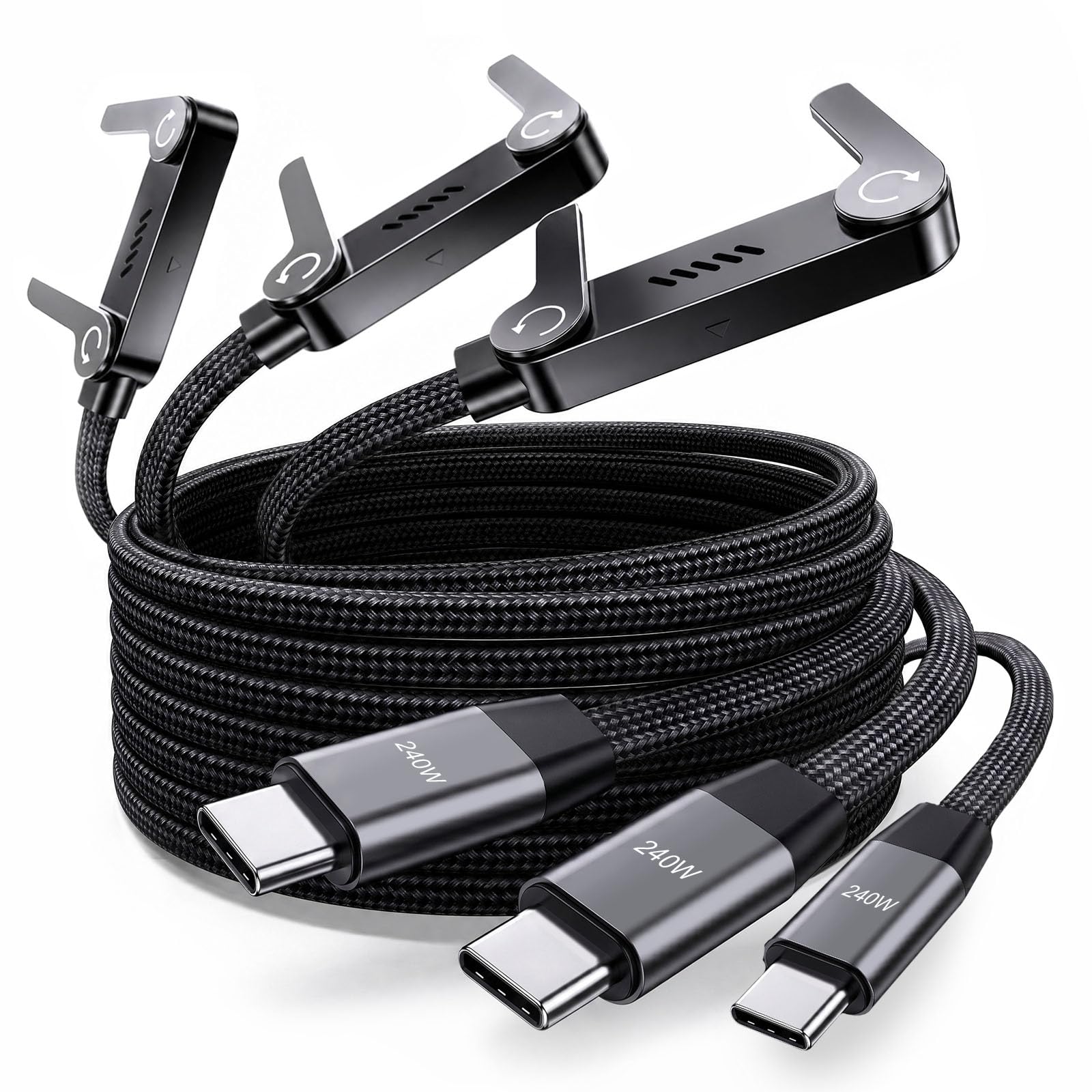 LOOHOI Cavo da USB-C a USB-C da 240 W con supporto integrato, cavo di ricarica rapida a 90° per giochi, streaming e visualizzazione a mani libere, cavo di ricarica intrecciato (3 m, 3 pezzi)