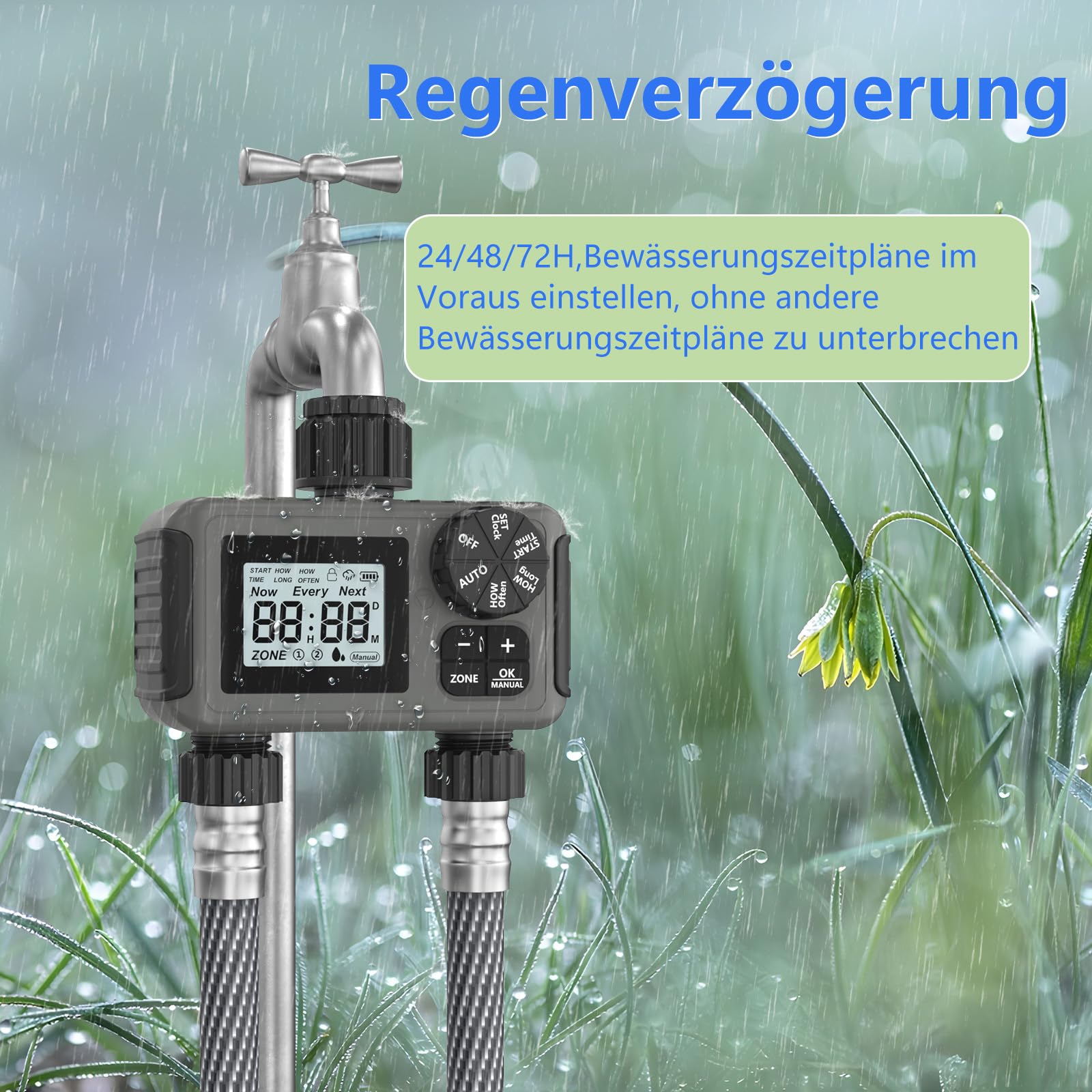 Bewässerungscomputer 2 Ausgänge, Großem LED-Display, Bewässerungs-Timer mit Regenverzögerung/manueller Übersteuerung/Wasserhahn-Timer, geeignet für Gärten, Rasenflächen und Topfpflanzen.