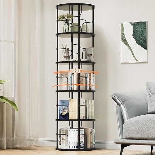 Flycity 5 Tier Rotating Bookshelf, 360° Corner Bookshelf Tower, Round Revolving Bookcase with Special Visible Partition Storage, Narrow Book Shelf Organizer for Living Room, Small Space, Black - 5-Tier - Black