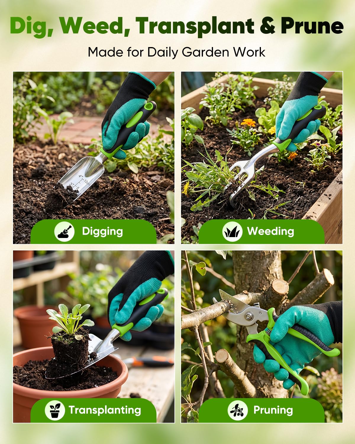 Juego de herramientas de jardín - Kit de herramientas de jardinería de aluminio con asas antideslizantes, guantes de jardinería y bolsa de almacenamiento para plantar, cavar, cuidar el suelo, macizos