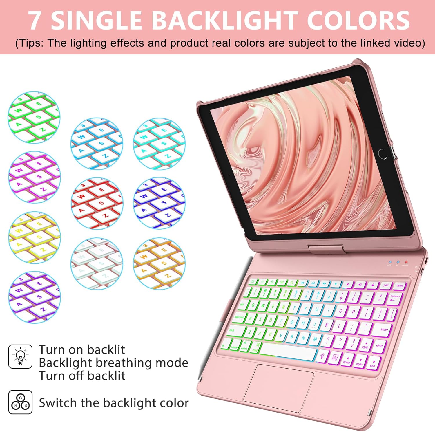 aMZCaSE Keyboard Case for iPad 9th Generation(10.2",2021),Colorful Backlight,360° Slim Cover, Keyboard Case with Bluetooth Keyboard&Pencil Holder,for iPad 8th Gen 2020,7th Gen 2019,Rose Gold - Image 4