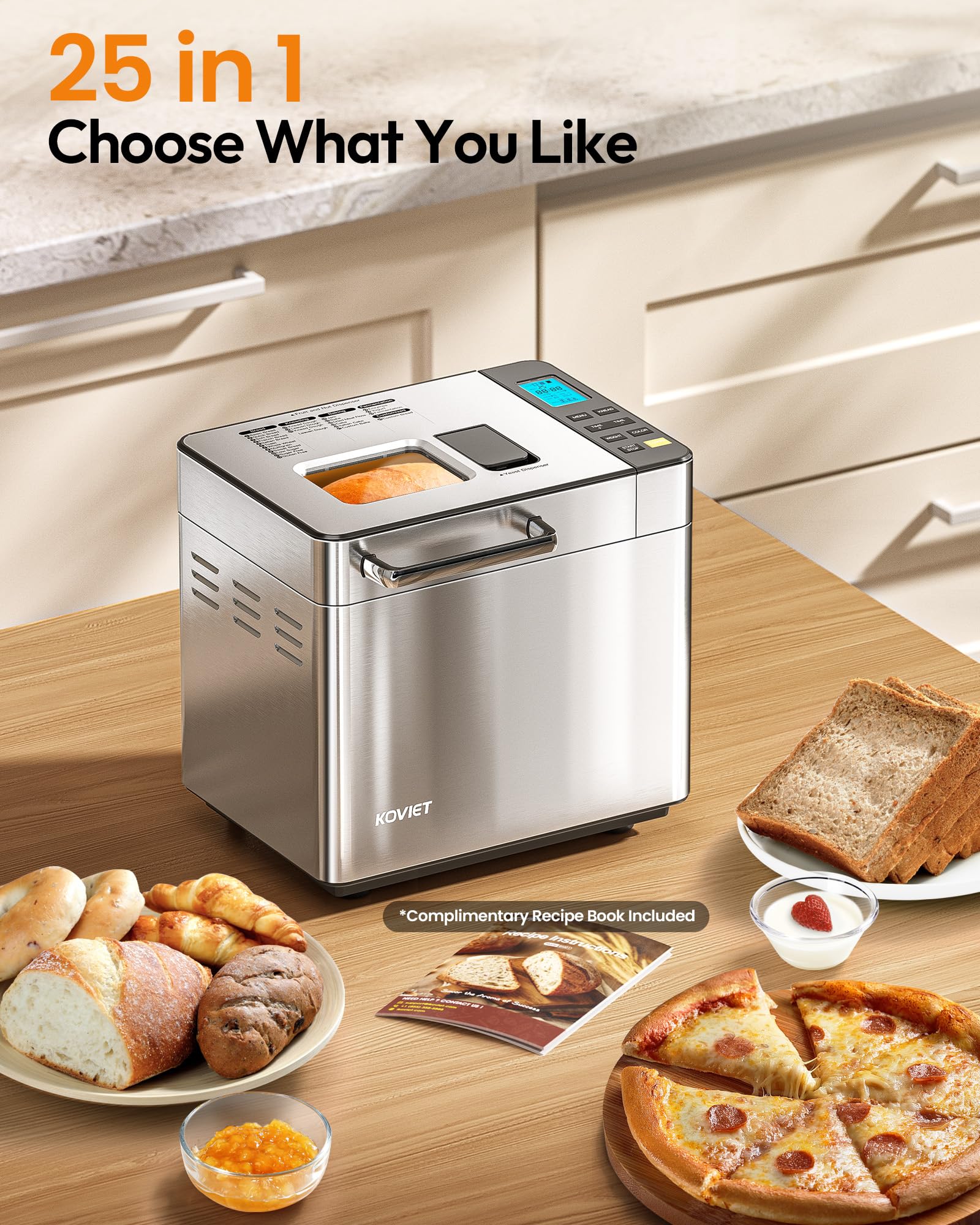 Máquina para hacer pan 25 en 1 con dispensador doble automático, panificadora de acero inoxidable de 2 libras con ajustes sin gluten, masa, mermelada, yogur, etc., color plateado 2