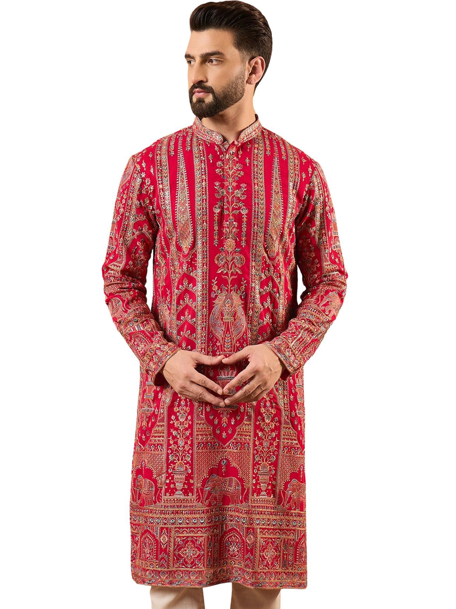 Men's Pink Georgette Solid Embroidered Long Kurta | Men's Kurtas | Embroidered Kurta's for Men | Straight Fit Kurta for Men-image-37