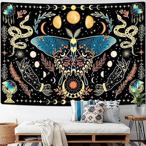 Miniatura 2 de Invoibler Tapiz de mariposa y luna, bohemio, con plantas, tapiz estético, polilla, serpiente, tapiz botánico, vintage, cielo estrellado, tapiz para