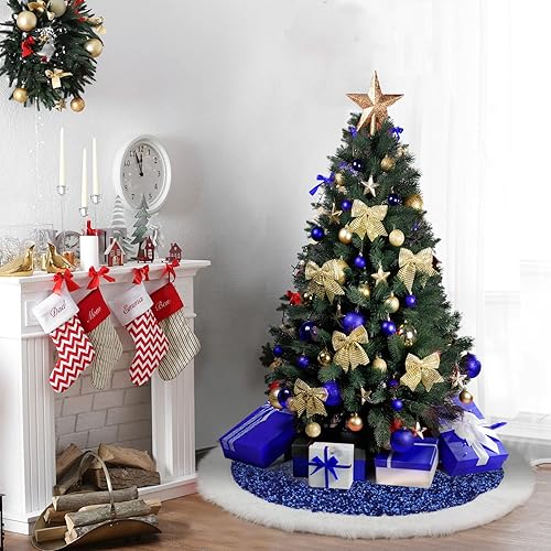 Miniatura 3 de Falda azul para árbol de Navidad con piel sintética de lentejuelas, 36 pulgadas para decoración de Navidad, hogar, interior, base de árbol,