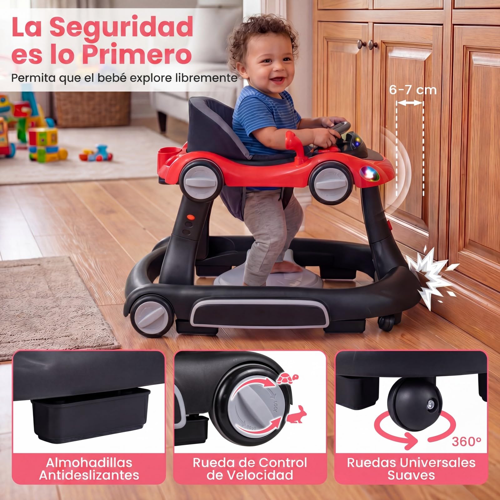 COSTWAY 7 en 1 Andador Bebes con Capota, Tacata Bebe Plegable con Altura y Velocidad Regulables con Modo Mecedora, Música, Luces y Diseño Antivuelco,Caminador para Bebe de 7-18 Meses (Negro y Rojo)