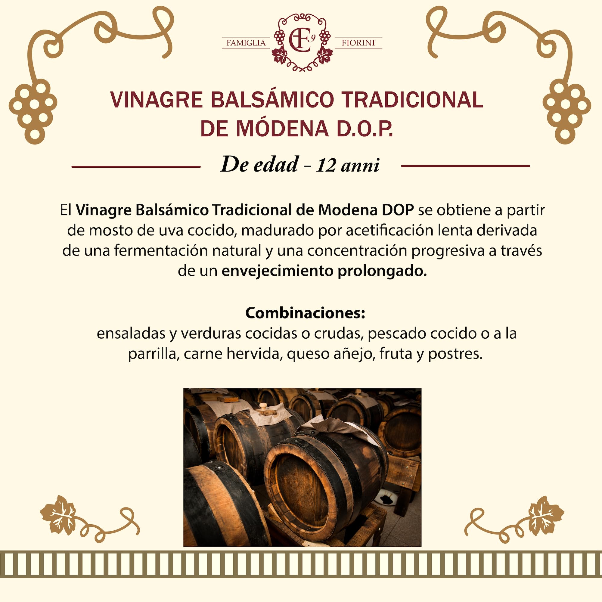 Famiglia Fiorini, Vinagre Balsámico Tradicional de Módena D.O.P. Envejecido 12 Años en Barricas de Roble, Elaborado con Uvas 100% Italianas, Ideal para Acompañar Carnes 100 ml.