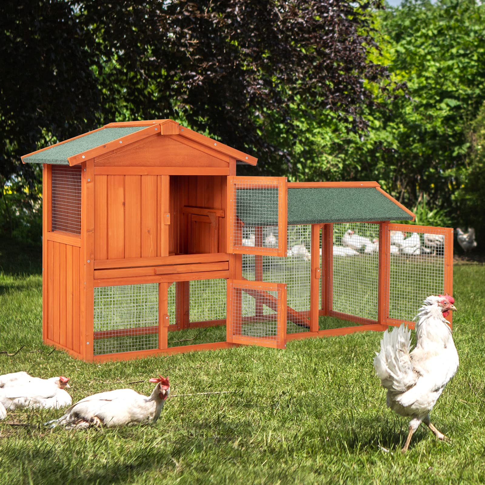 61‘’ Large Wooden Chicken Coop for Small Animals, 2 Layer Guinea Pig Hen House for Outdoor Backyard Garden, Bunny Rabbit Hutch with Ventilation Door,