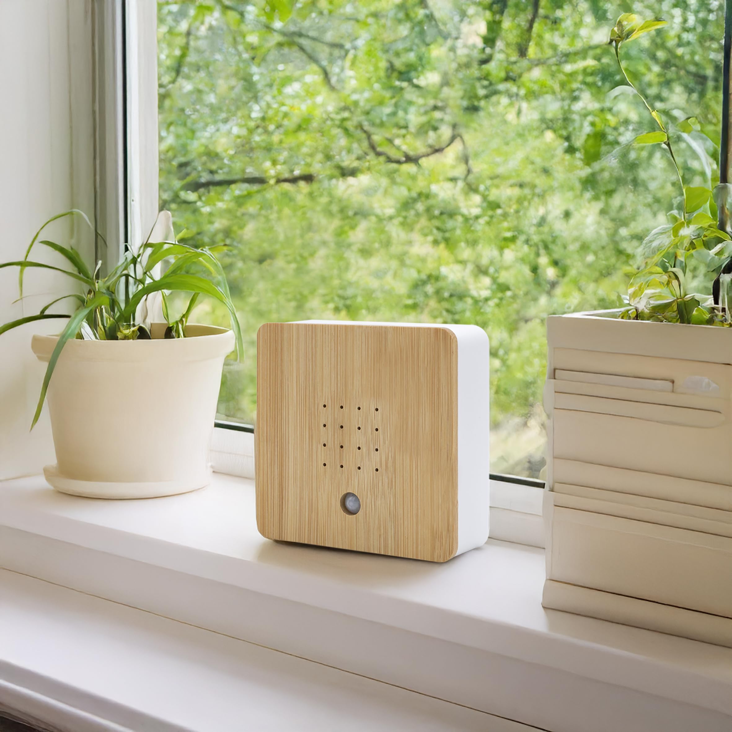 Sonidos de pájaros con carcasa frontal de bambú, 12 cm, altavoz con canto de pájaros relajante, caja deco con sonidos naturales, canto de pájaros, sensor de 2 metros para baño, spa, aseo de invitados