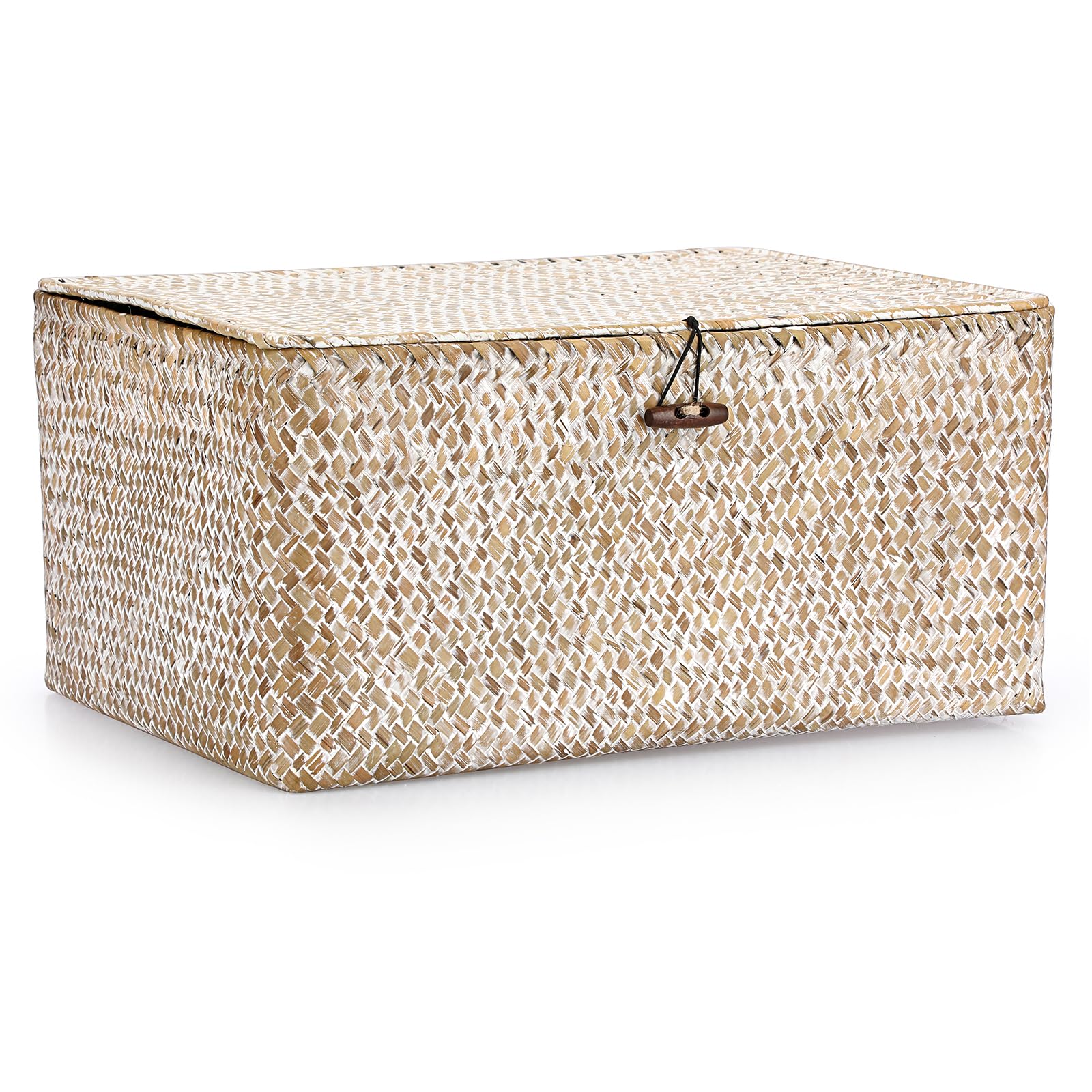 IGNPION Seagrass Storage Basket with Lid Woven Desktop Basket Bathroom Storage Organiser Box, Living Room Decorative Under Shelf Basket Multipurpose Storage Hamper(Whitewash,XL)