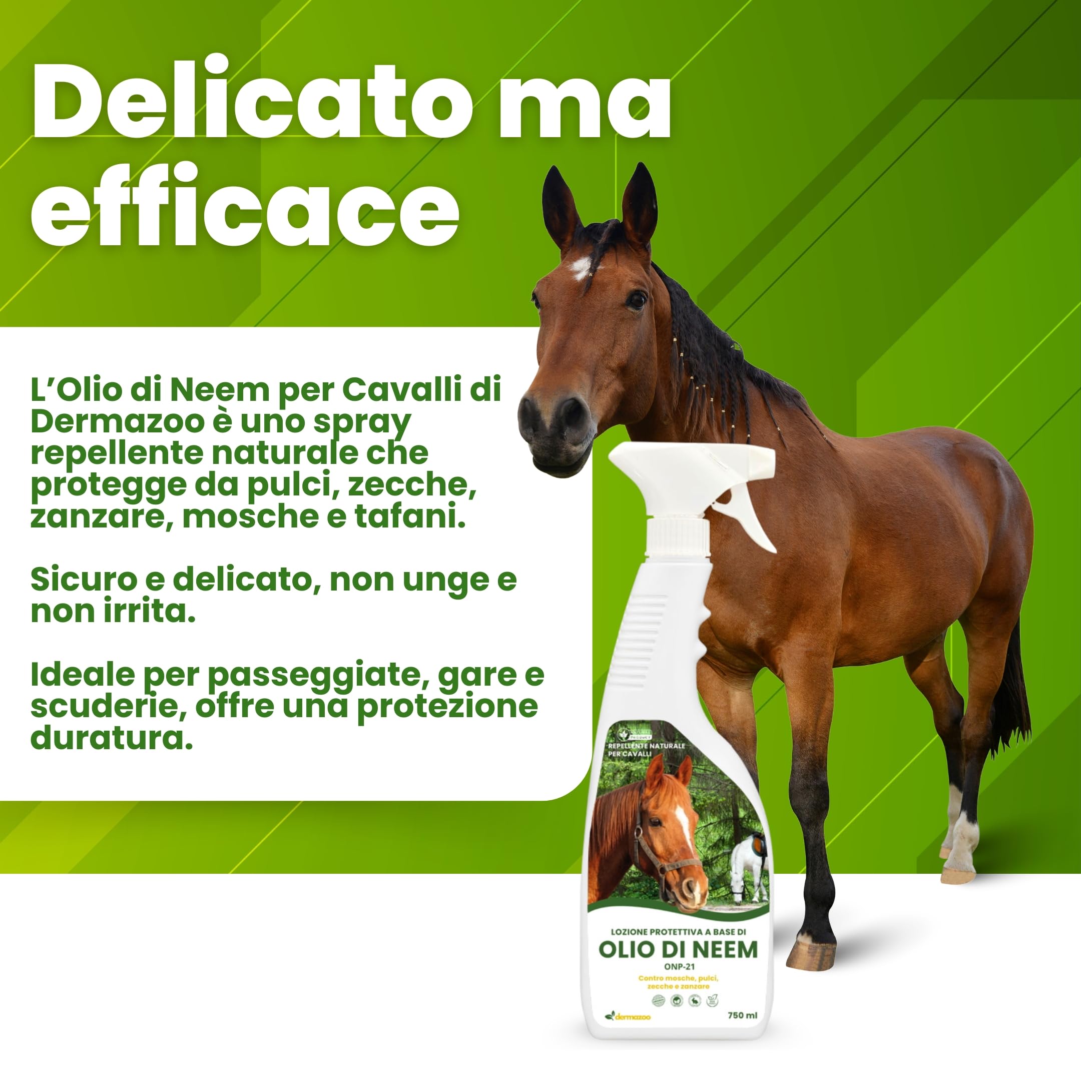 Dermazoo Olio di Neem per Cavalli ONP-21, Repellente Cavalli Antipulci 2 x 750ml, per Pidocchi, Zanzare, Zecche, Mosche e Tafani, Lozione Spray Antizanzare Sicura, Naturale e Specifica