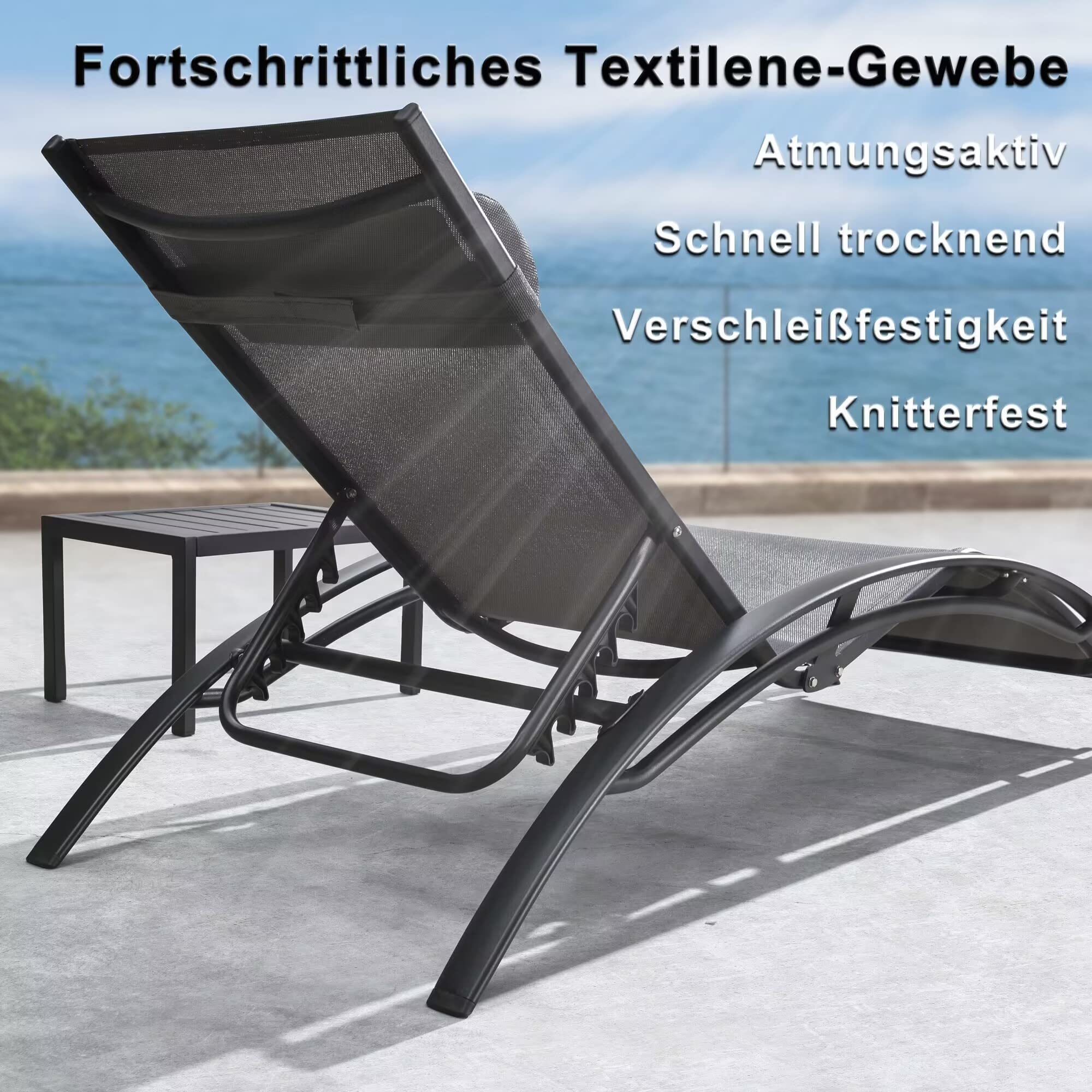 PURPLE LEAF 2er-Set Sonnenliege 4-Fach Verstellbar mit Beistelltisch, Grau | Textilene Gewebe, Verstellbares Kissen, Wetterbeständige Ausführung, Robuste Rostfreies Alurahmen Gartenliege