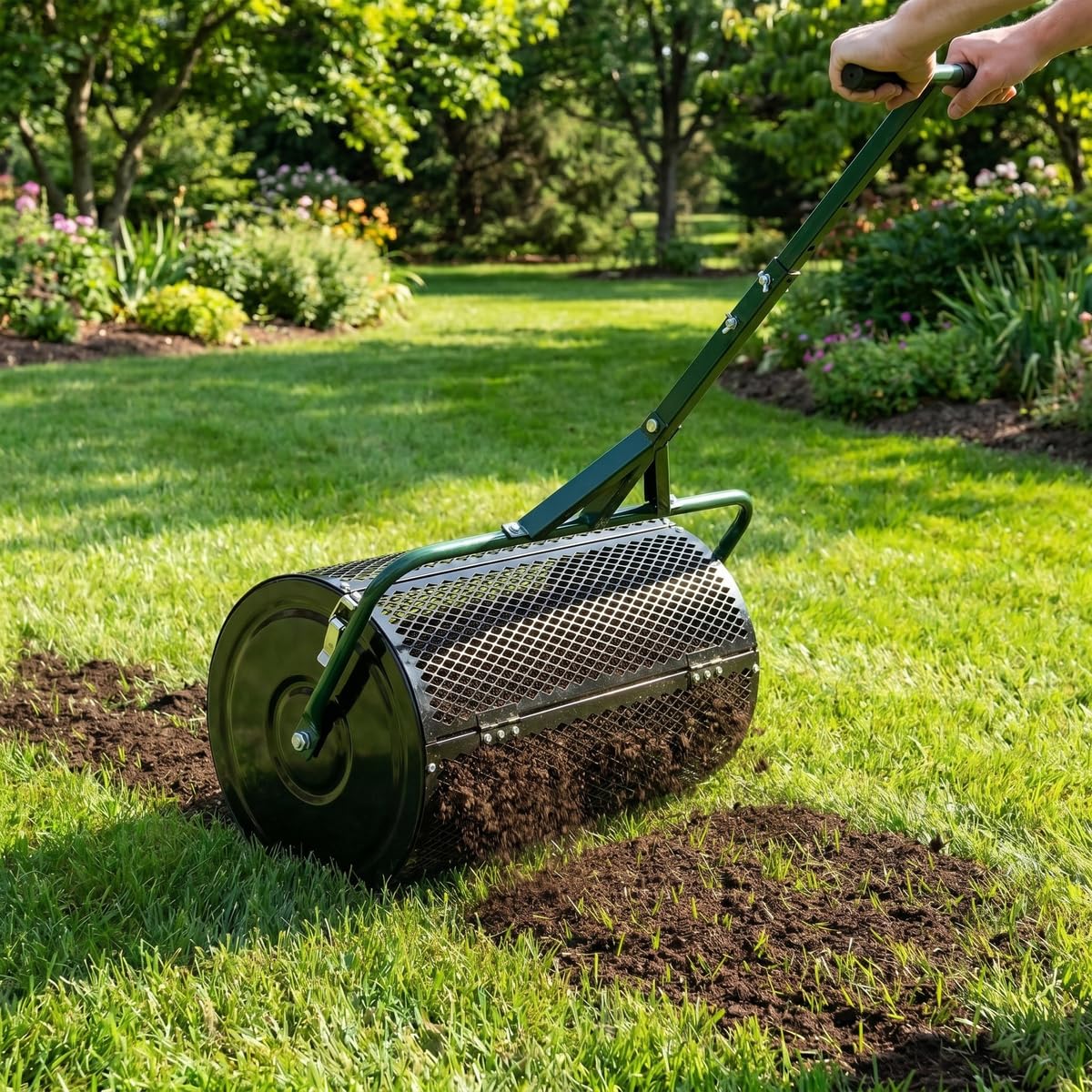 Kompoststreuer 95 L mit 70 cm Arbeitsbreite Düngerstreuer Kompostwalze Gartenstreuer für Dünger Saat mit T-Griff 3 Höhen verstellbar Rasenpflege