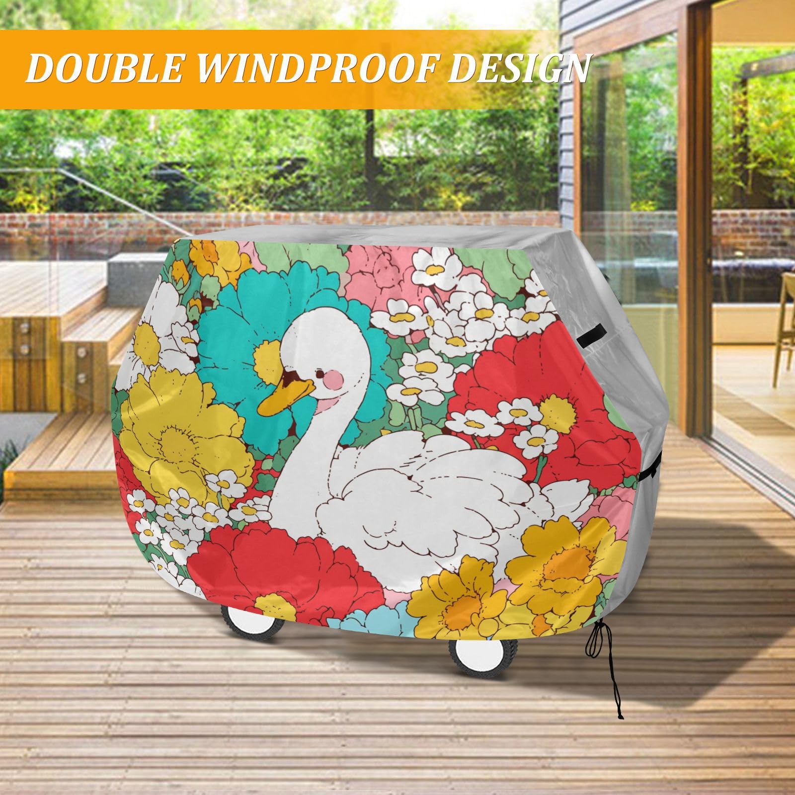 Swan Colorufl Peony pokrowiec na grill gazowy, 158 cm, wodoodporny, wytrzymały, odporny na rozdarcie, odporny na blaknięcie materiał, pokrowiec na grilla z regulowanym sznurkiem na kurz i wiatr