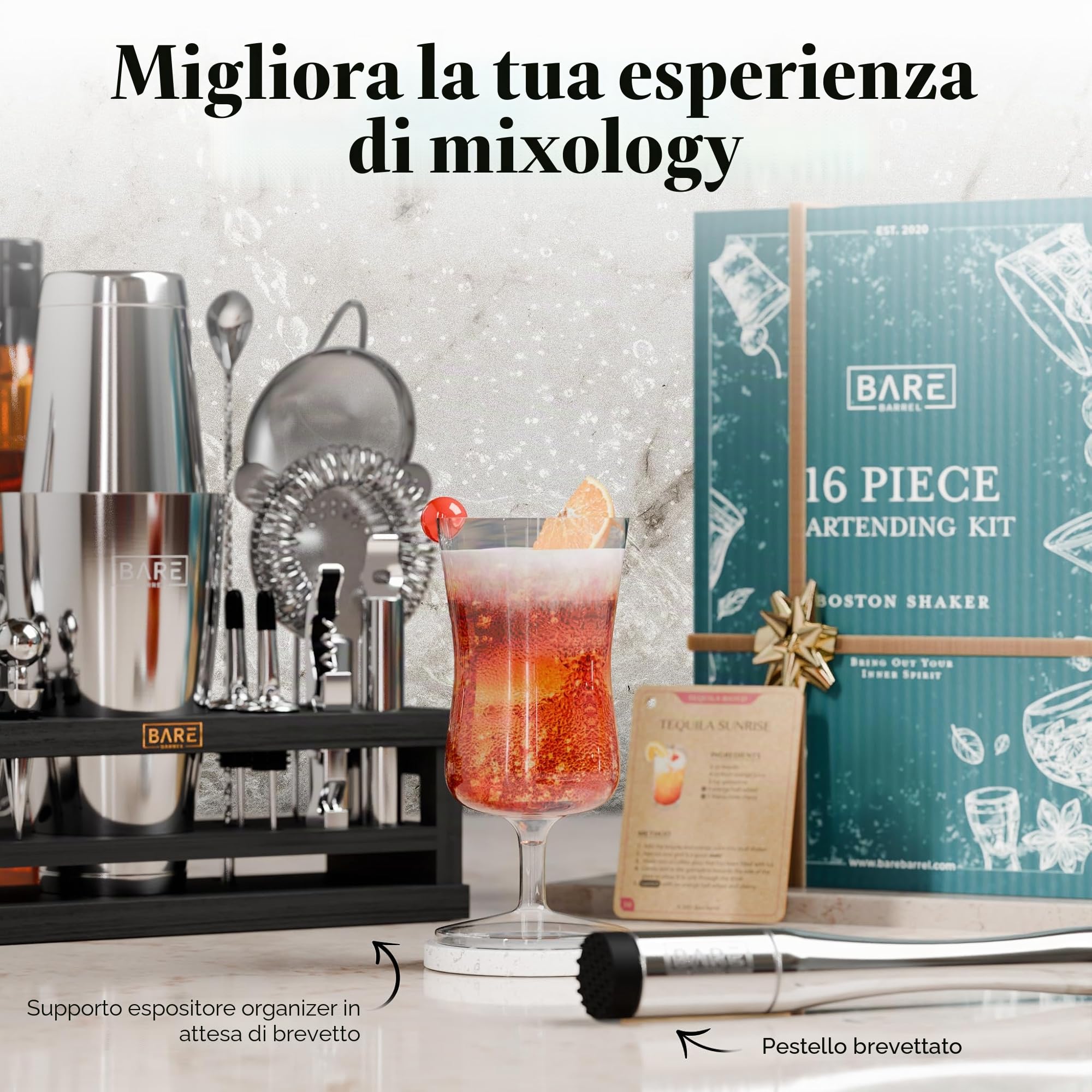 BARE BARREL Kit per la preparazione di cocktail, kit da barista da 16 pezzi, shaker per cocktail, espositore in bambù e 35 biglietti di ricette, set regalo per cocktail mixology (shaker Boston da 800