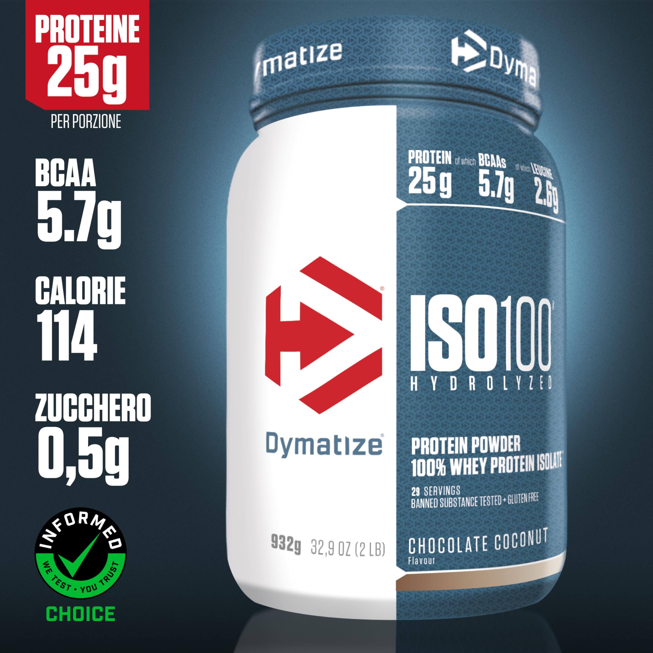 Dymatize ISO 100 Hydrolyzed Chocolate Coconut 932g - Proteine del siero di latte idrolizzate e isolate in polvere