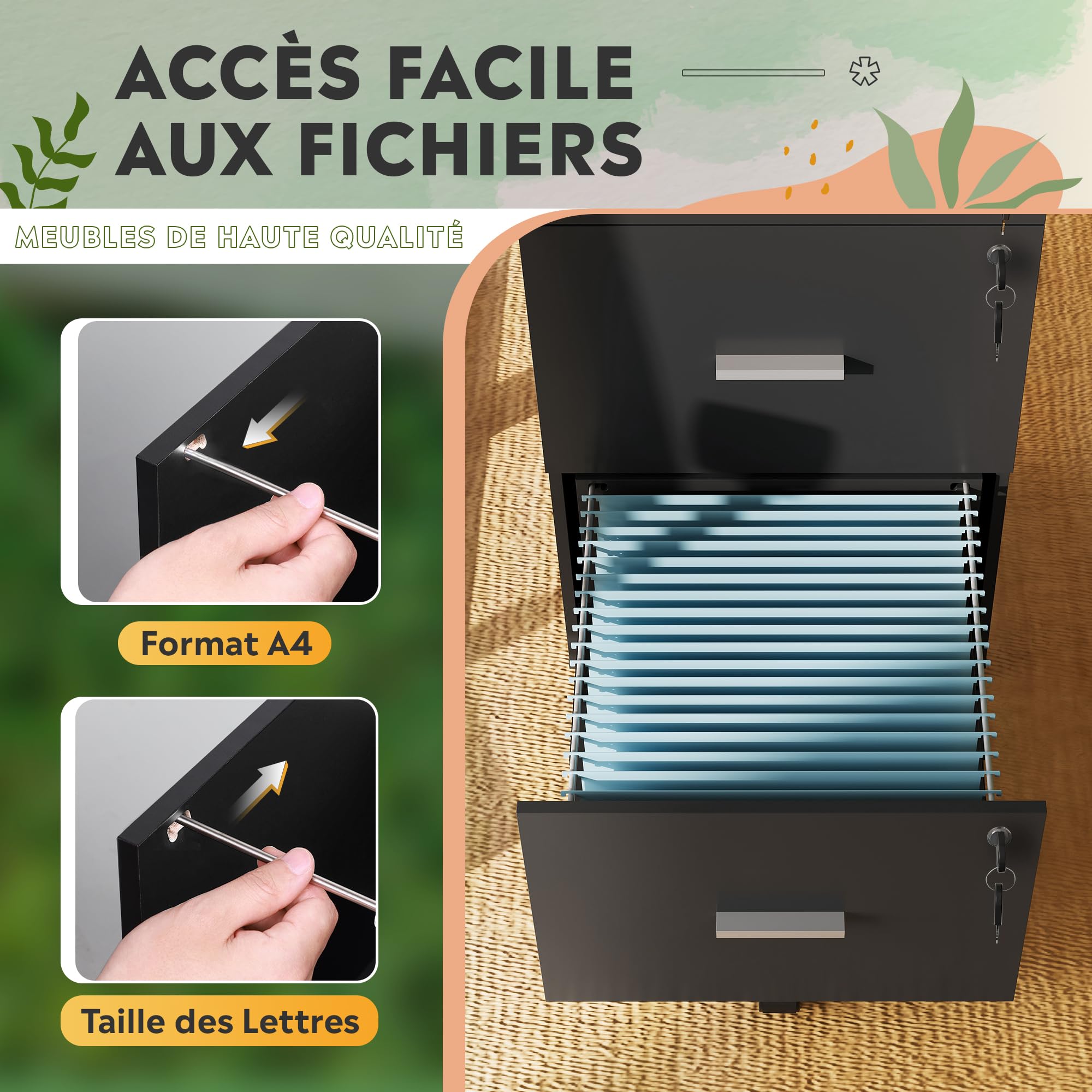 DEVAISE Caisson de Bureau 3 Tiroirs Verrouillable, Meuble sous Bureau avec Support Imprimante, Rangement pour Formats Lettre/Légal/A4, Noir
