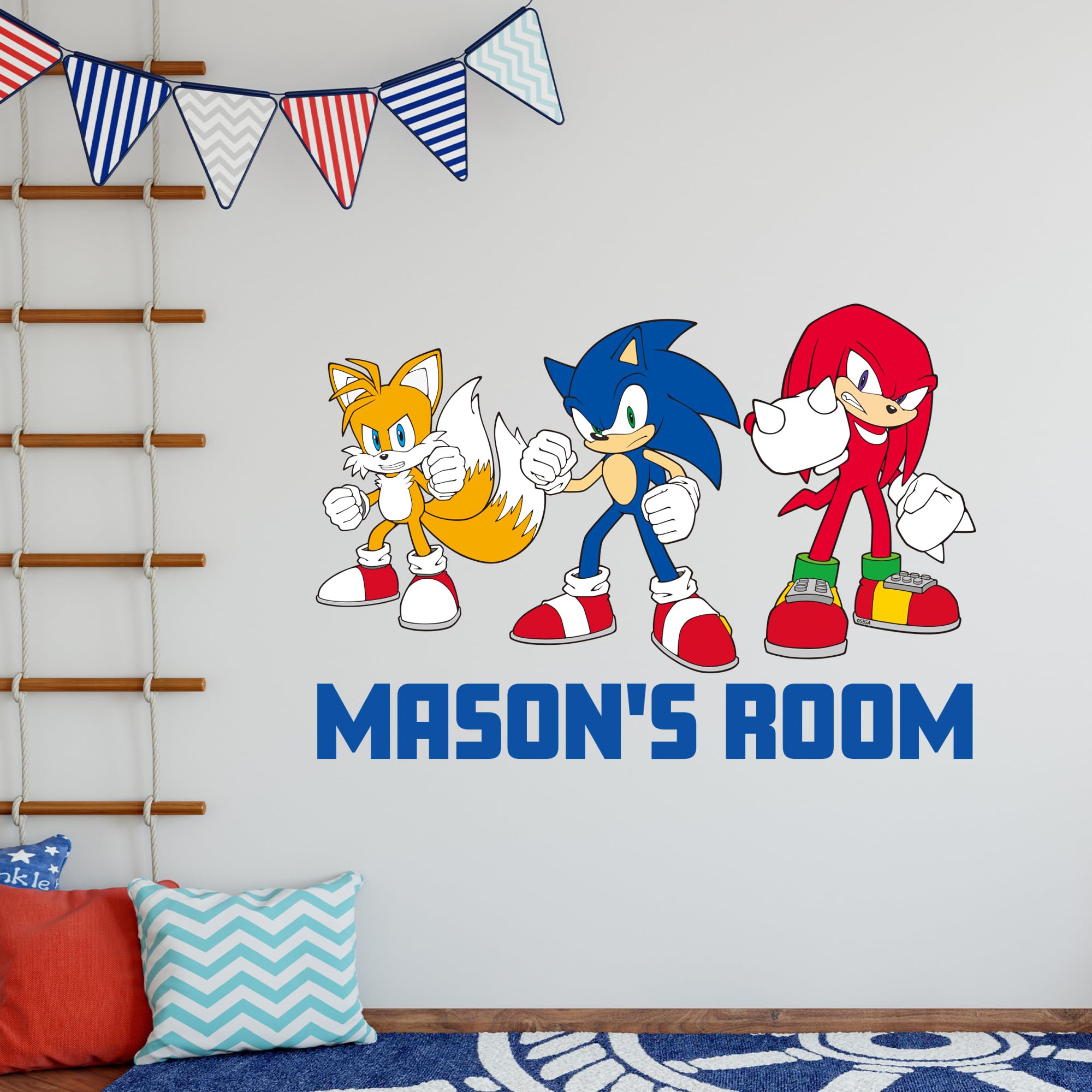 Themed Blue Sonic The Hedgehog Wall Sticker - Sonic Tails And Knuckles Personalised Wall Art (90Cm Width X 60Cm Height)