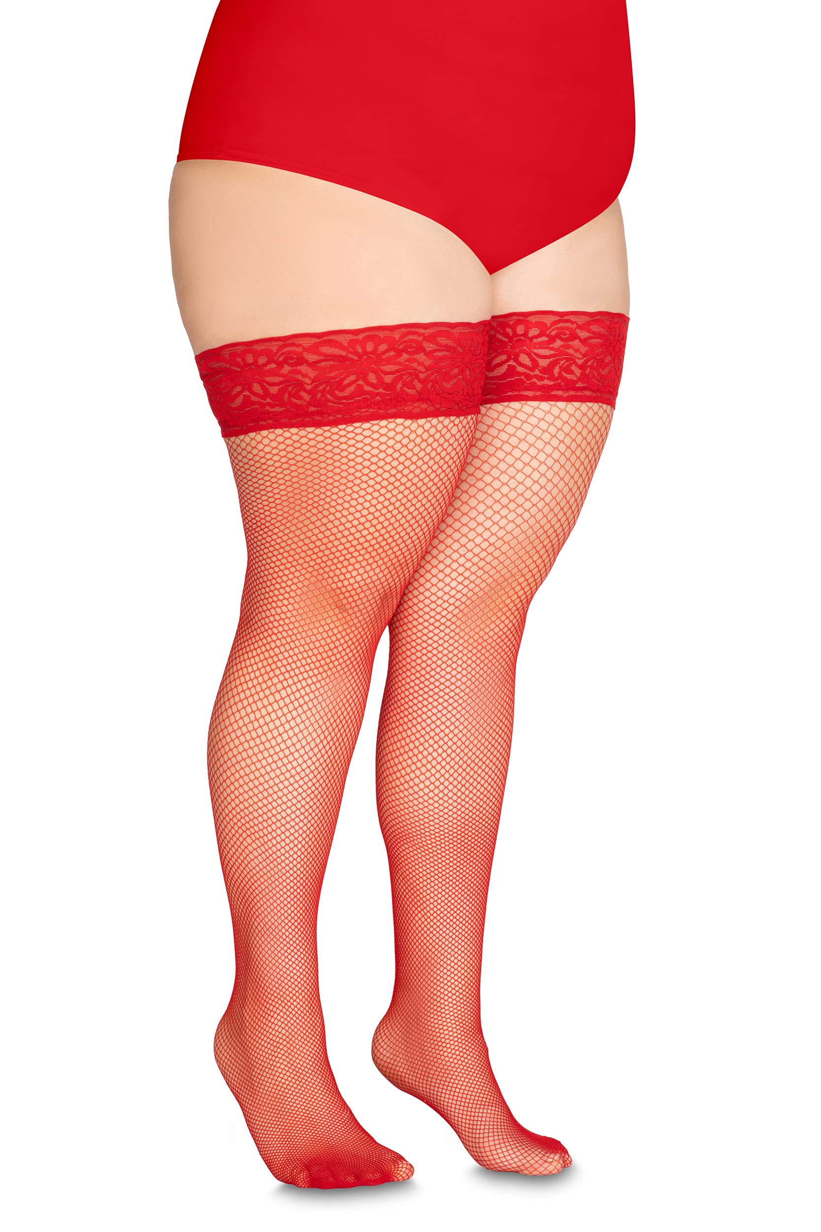 Annes Styling Women's Rosso Calze Rete Fishnet Hold Up Stockings Silicone Lace Top High Diamonds Nylon Netted Socks, Tg-7/8