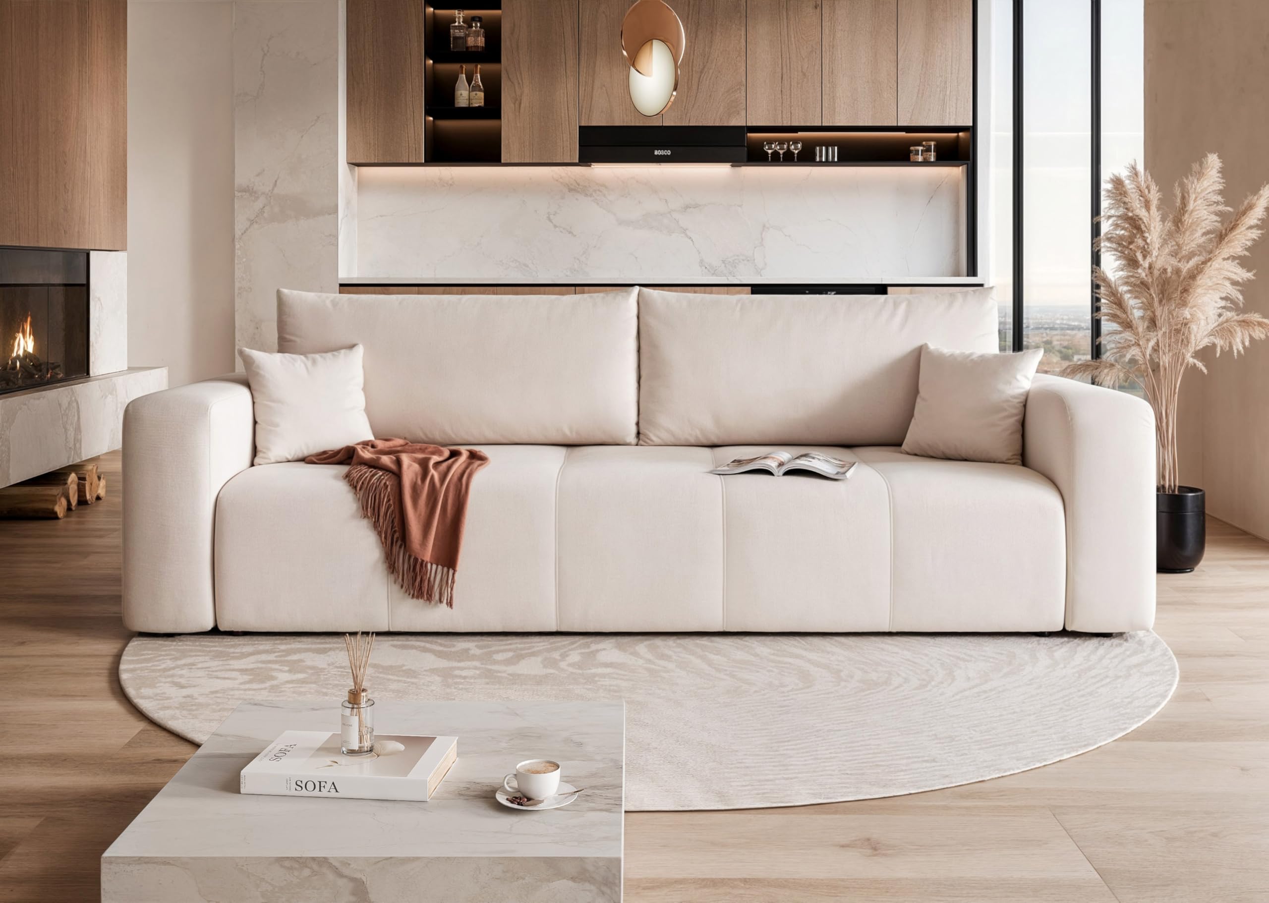 93x244 Sofa mit Schlaffunktion (125x200) und Bettkasten (Massivholz + MDF) mit dekorativen Nähten auf der Sitzfläche