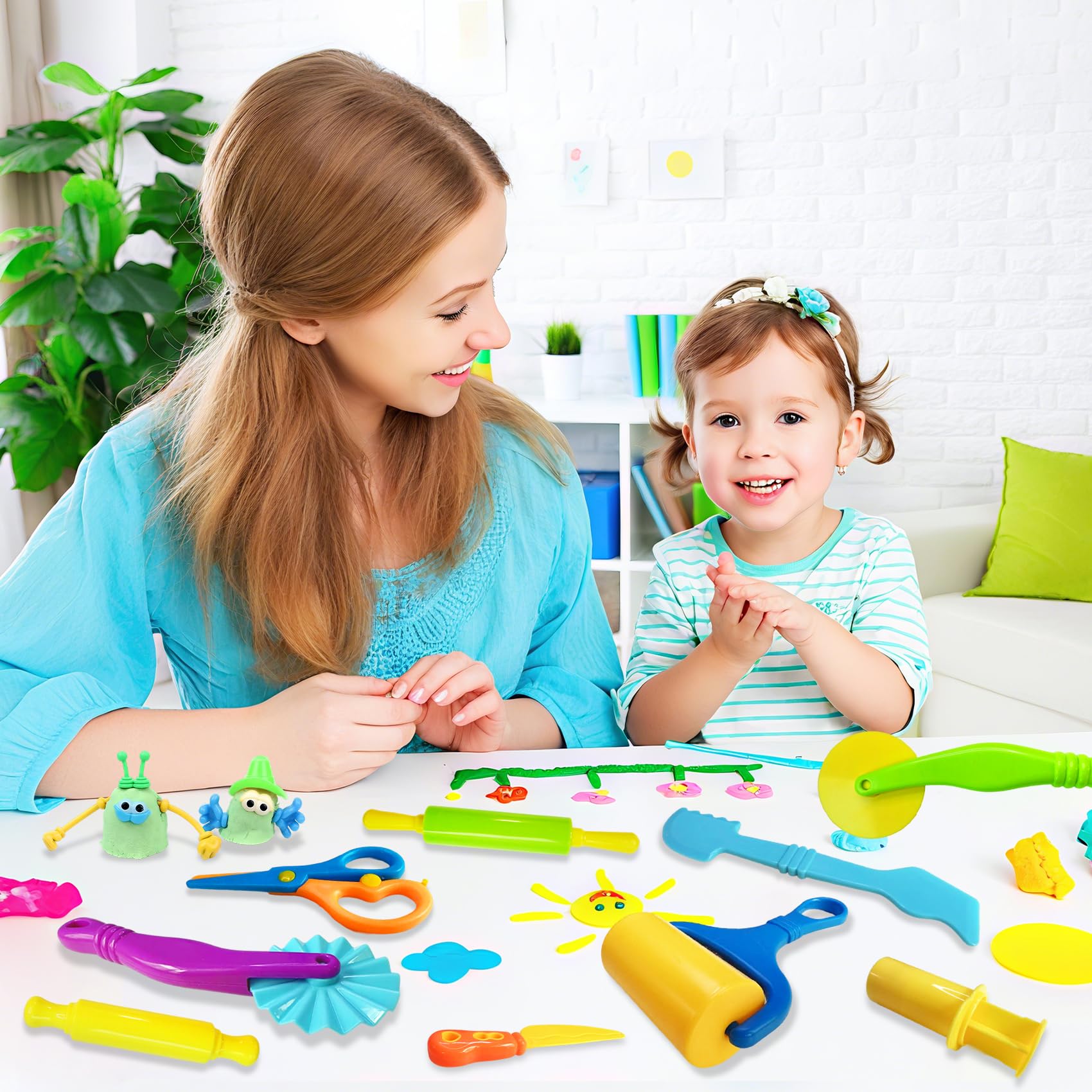 28Pcs Dough and Clay Play Tools Kit for Kids, Modeling Clay Accessories with Animal Cutters, Rolling Pins, Safety Scissors, Dough Extruder & Rollers