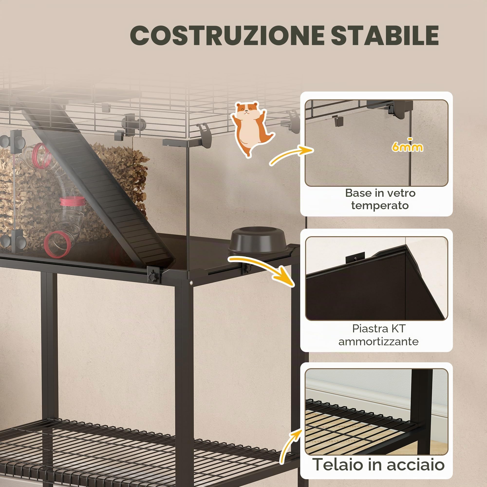 PawHut Gabbia per criceti con vista a 360°, habitat trasparente per criceti con ruote, gabbia per roditori a 3 livelli con sistema di tubi, casetta, rampe, mangiatoia. Gabbia per piccoli animali per
