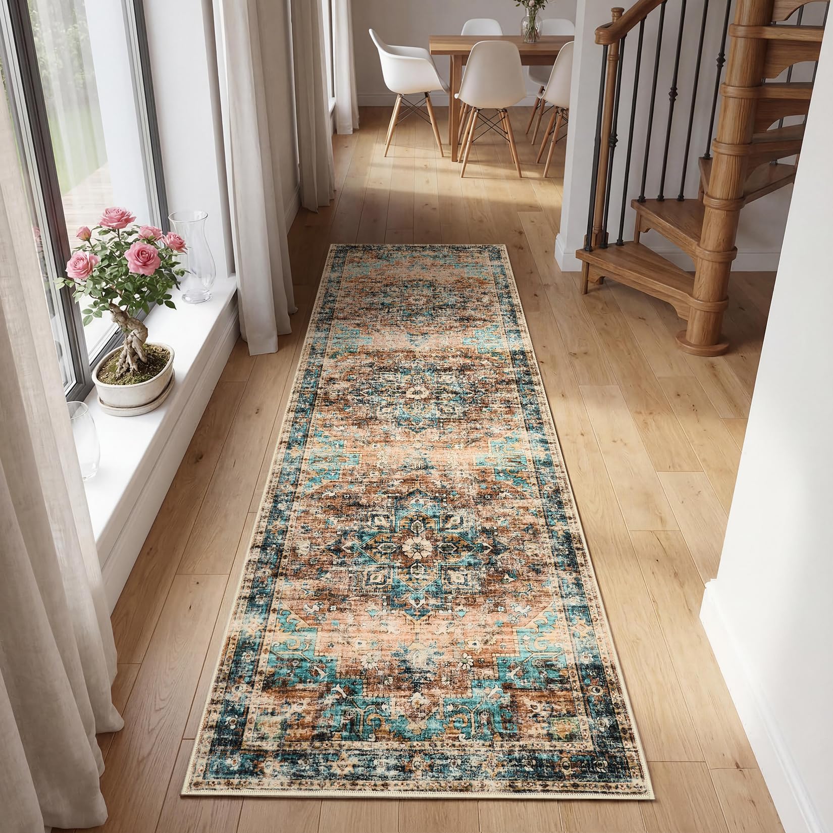 FairyStyle Washable Kitchen Runner Rugs Non Slip Classic Botanical Grove Vintage Cottage Long Rug for Hallways Bedroom TPE Rubber Backing 60x180cm Terracotta Teal